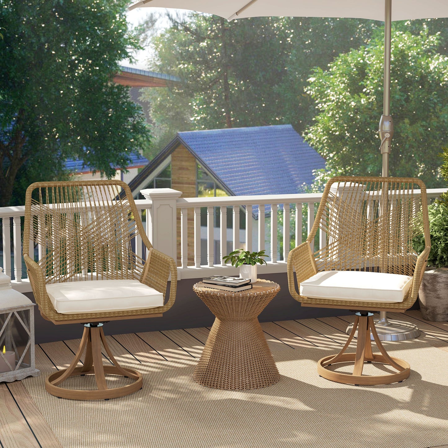 Patio Swivel Dining Chairs Set of 2, Outdoor Rattan Chairs with Soft Cushions and Metal Frame for Deck, Garden, Backyard, Poolside, Khaki
