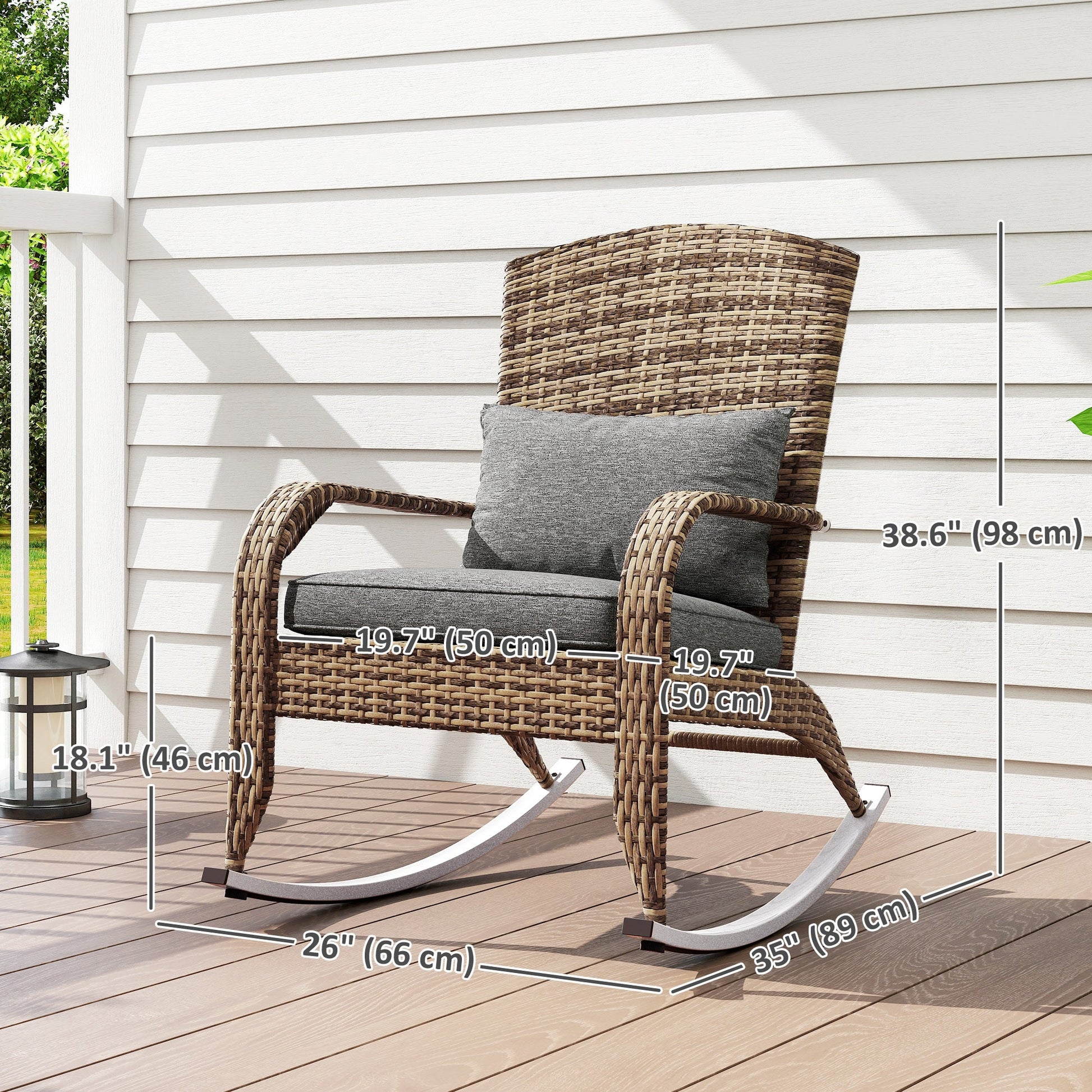 Outdoor Wicker Adirondack Rocking Chair, Patio Rattan Rocker Chair with High Back, Seat Cushion and Pillow for Garden, Porch, Balcony, Grey/Mixed Yellow