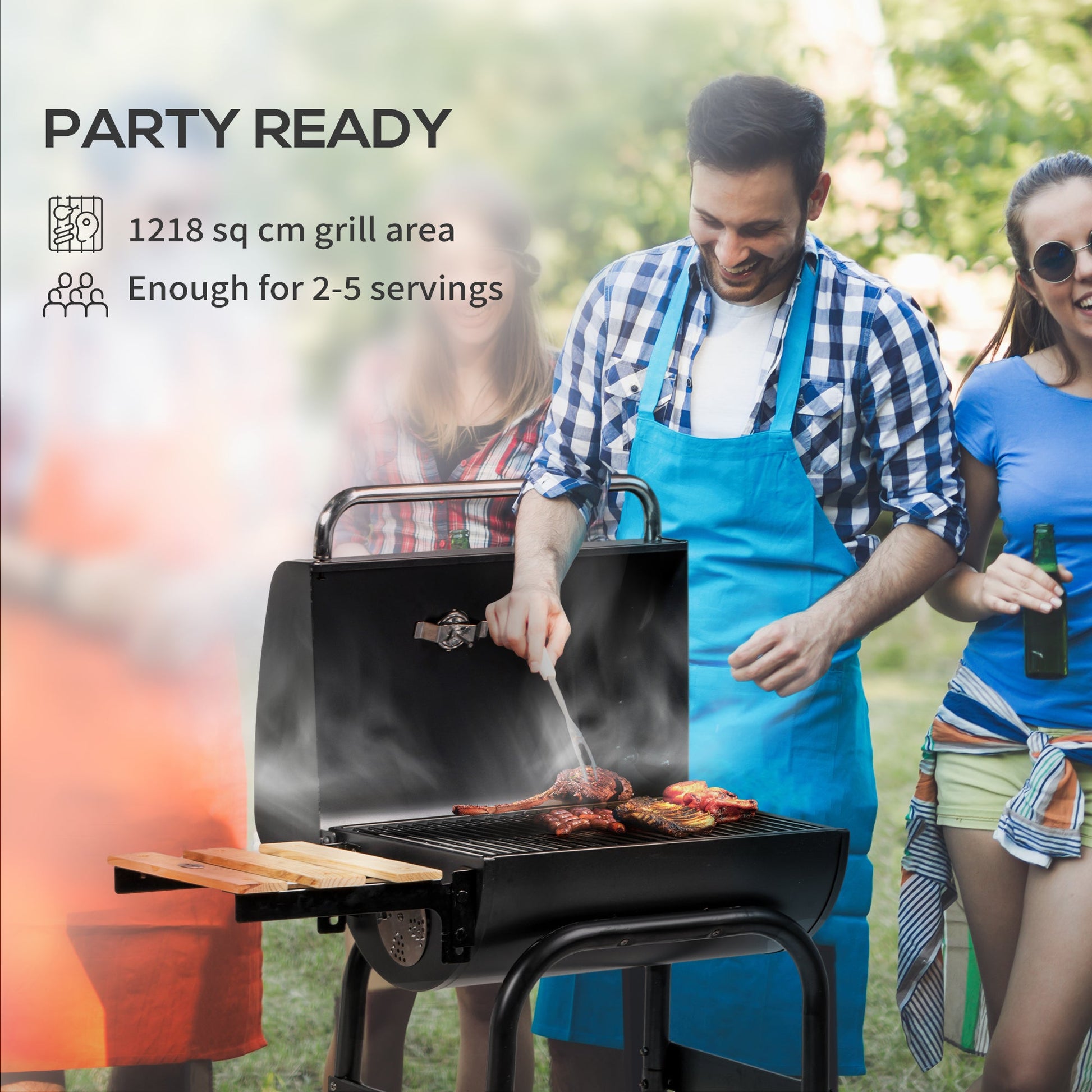 Charcoal Barbecue Grill with Shelves, Portable BBQ Trolley Smoker with Wheels, Lid, Thermometer, Chimney for Outdoor Garden Party Cooking, Black
