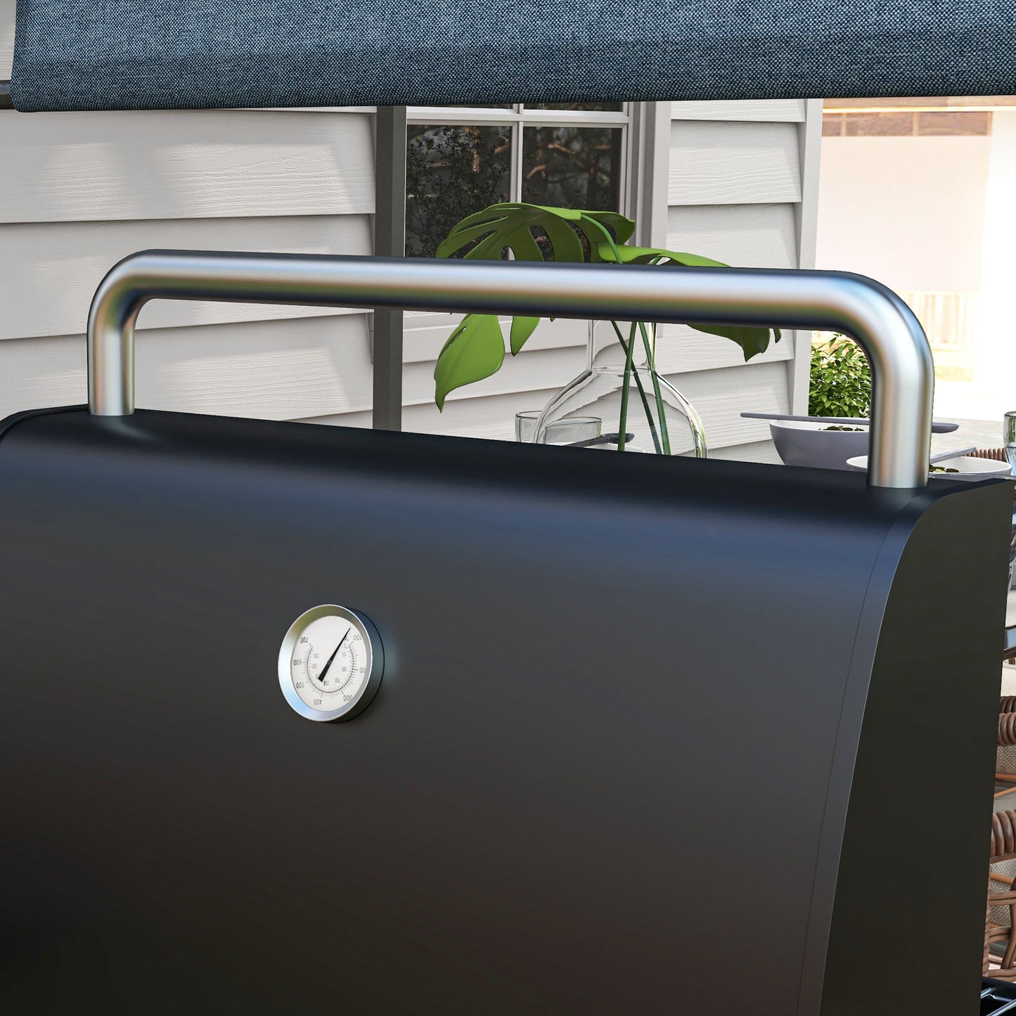 Charcoal Barbecue Grill with Shelves, Portable BBQ Trolley Smoker with Wheels, Lid, Thermometer, Chimney for Outdoor Garden Party Cooking, Black