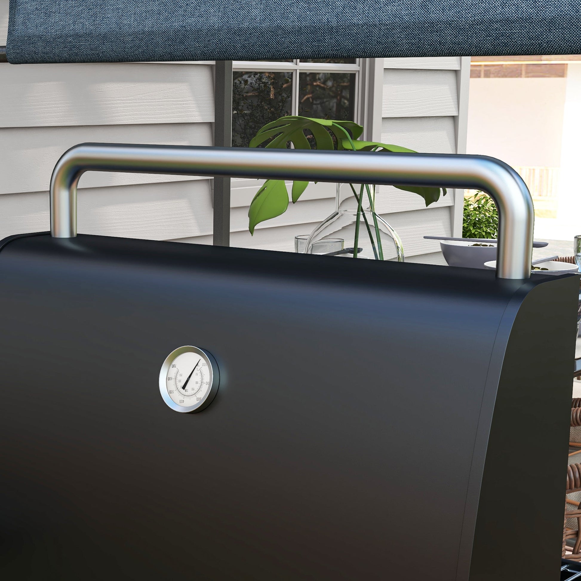 Charcoal Barbecue Grill with Shelves, Portable BBQ Trolley Smoker with Wheels, Lid, Thermometer, Chimney for Outdoor Garden Party Cooking, Black