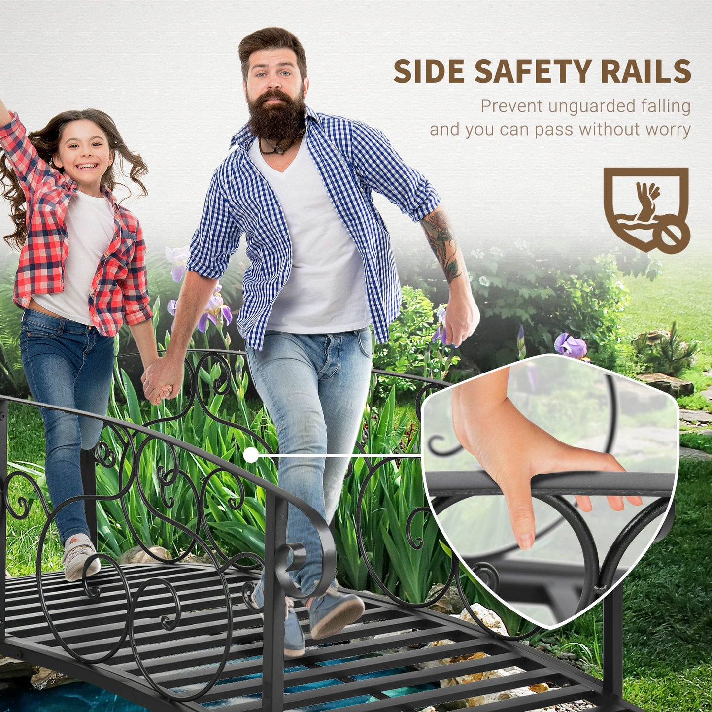 6FT Steel Arch Backyard Garden Bridge with Safety Siderails, Decorative Arc Landscaping Bridge for Backyard Creek, Stream, Pond, Black