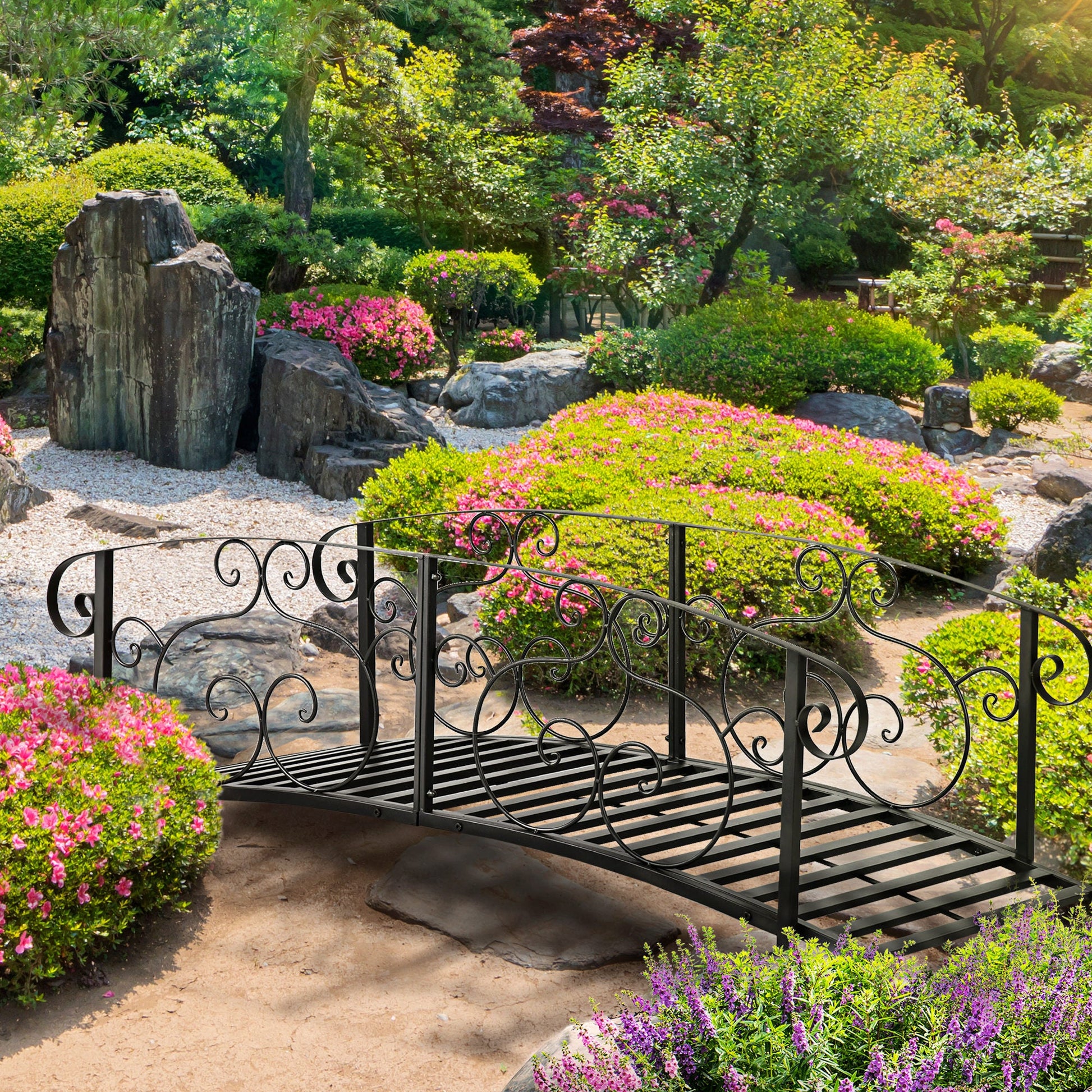 6FT Steel Arch Backyard Garden Bridge with Safety Siderails, Decorative Arc Landscaping Bridge for Backyard Creek, Stream, Pond, Black