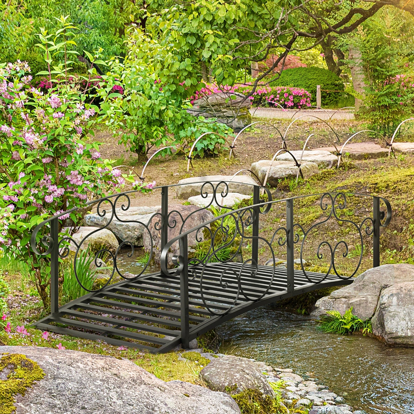 6FT Steel Arch Backyard Garden Bridge with Safety Siderails, Decorative Arc Landscaping Bridge for Backyard Creek, Stream, Pond, Black