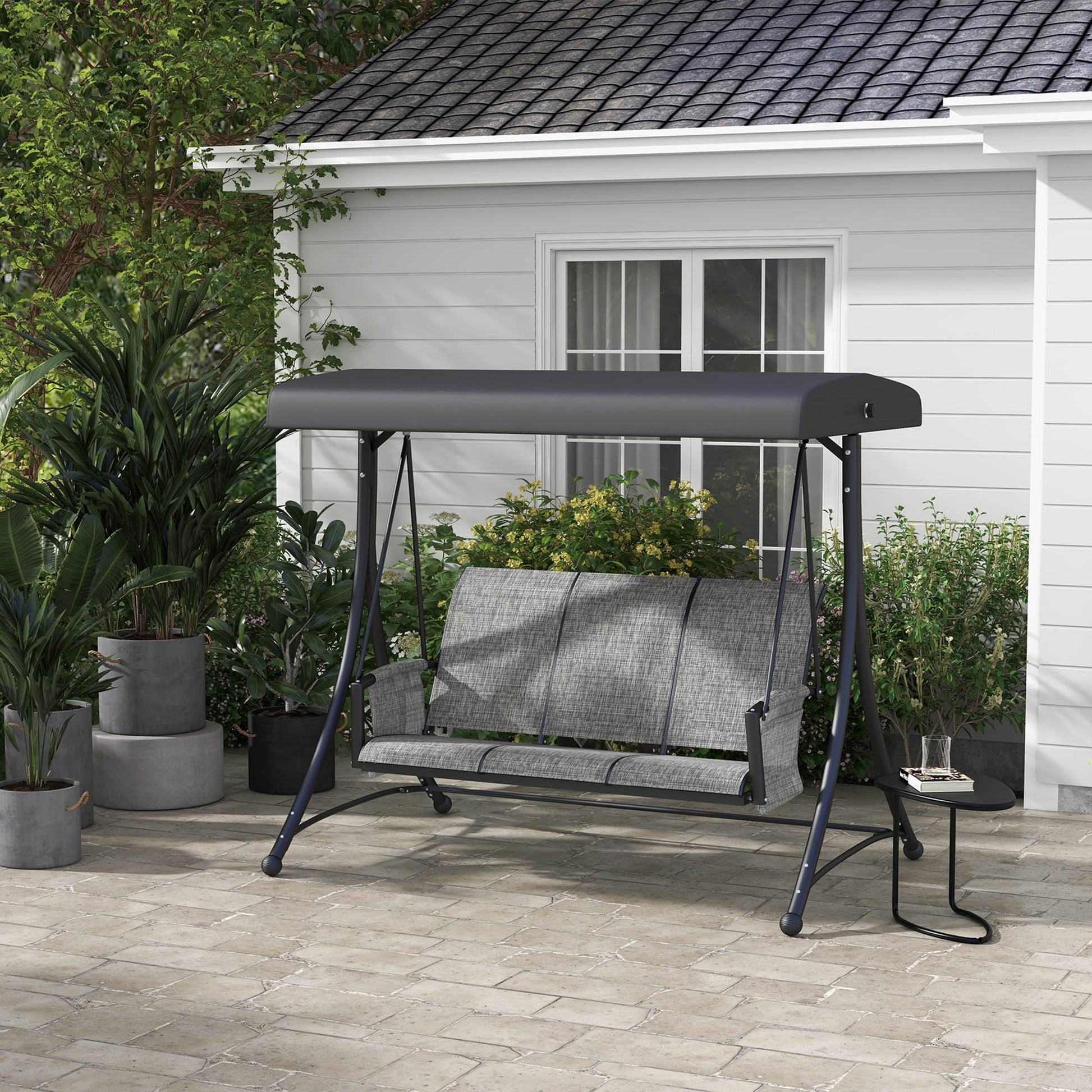 3 Person Porch Swing Outdoor Swing Chair with High Back Design, Side Pouches and Adjustable Canopy, Mixed Grey