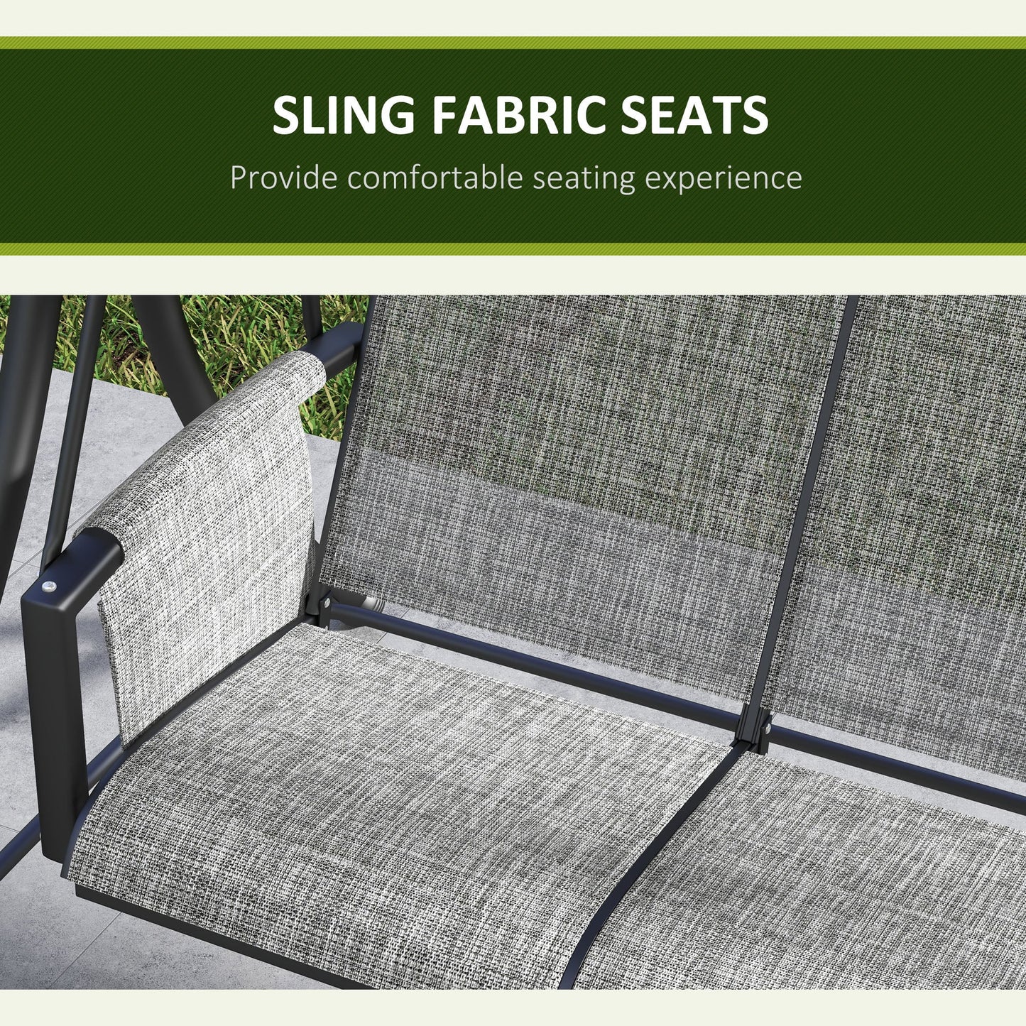 3 Person Porch Swing Outdoor Swing Chair with High Back Design, Side Pouches and Adjustable Canopy, Mixed Grey