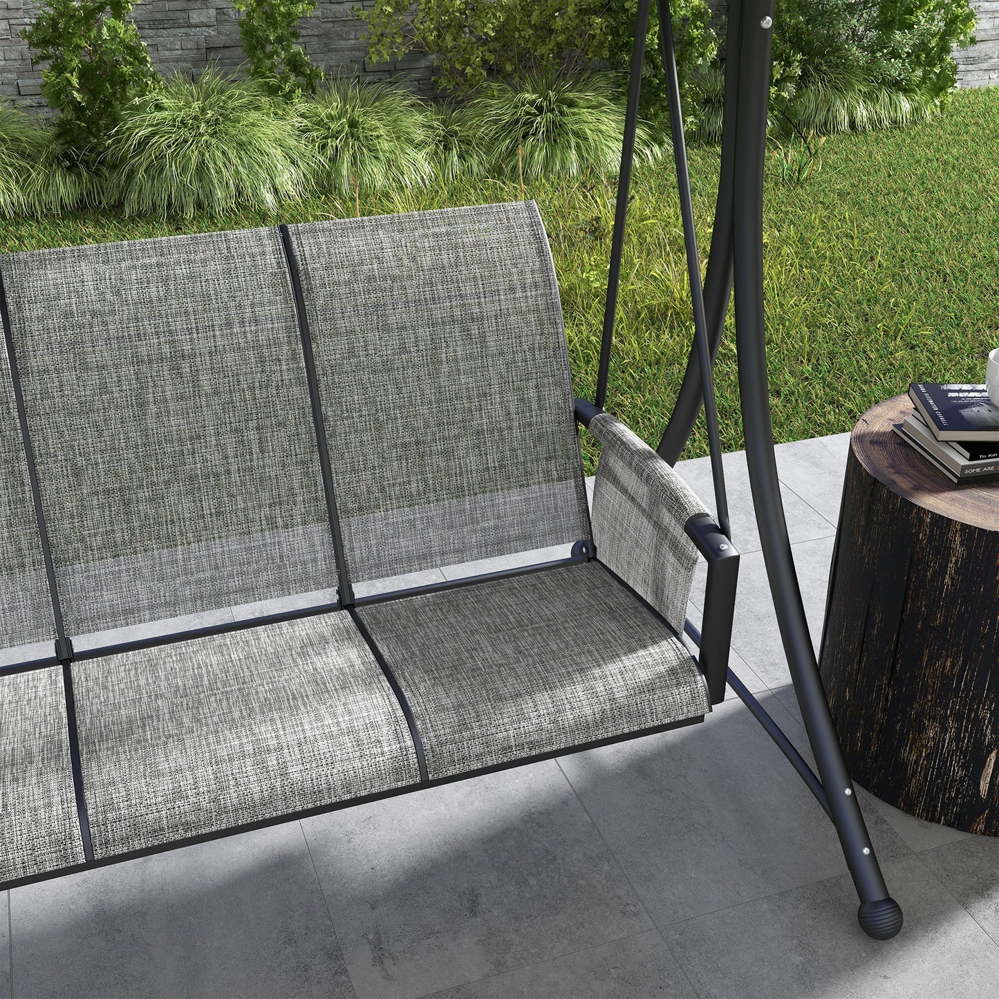 3 Person Porch Swing Outdoor Swing Chair with High Back Design, Side Pouches and Adjustable Canopy, Mixed Grey