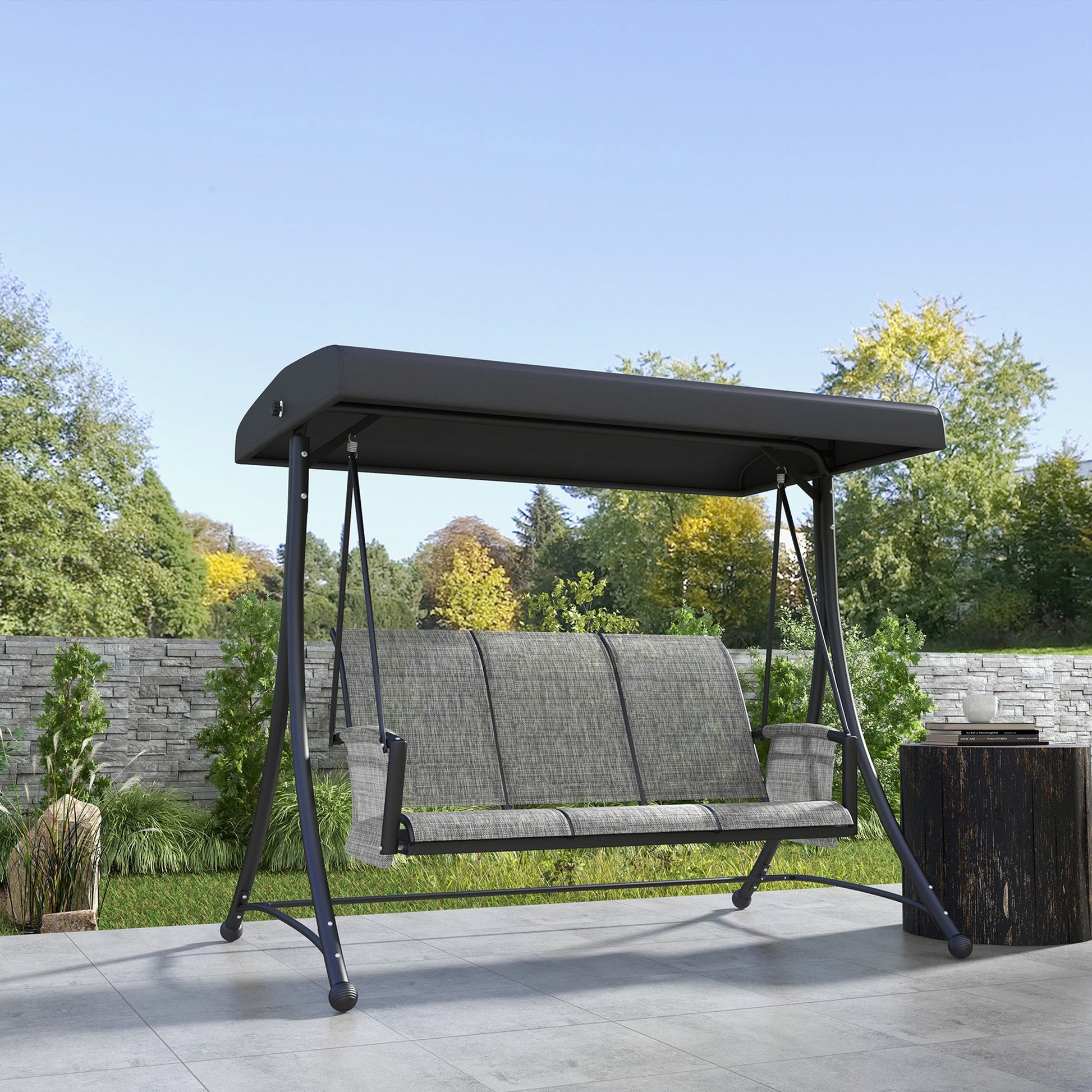 3 Person Porch Swing Outdoor Swing Chair with High Back Design, Side Pouches and Adjustable Canopy, Mixed Grey