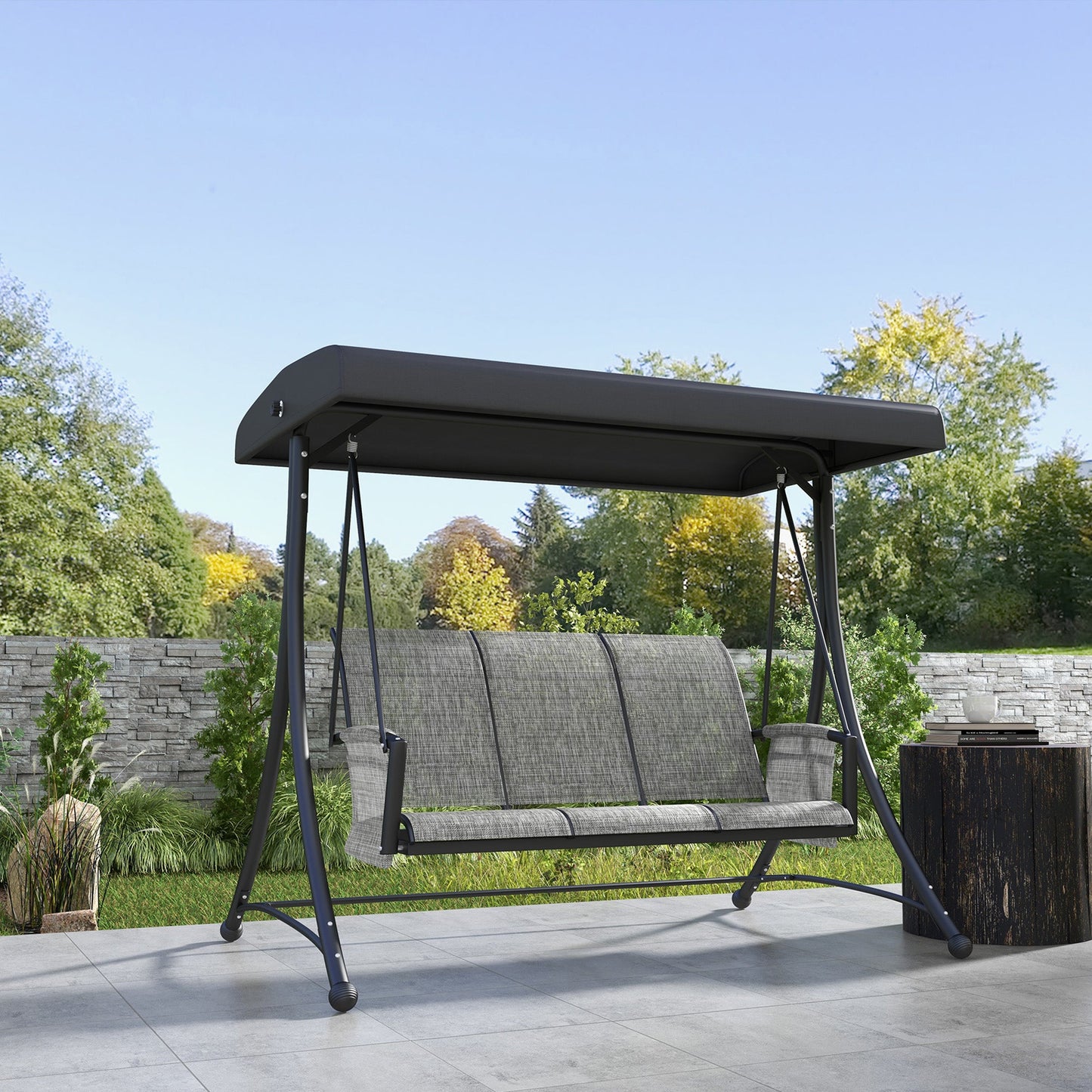 3 Person Porch Swing Outdoor Swing Chair with High Back Design, Side Pouches and Adjustable Canopy, Mixed Grey