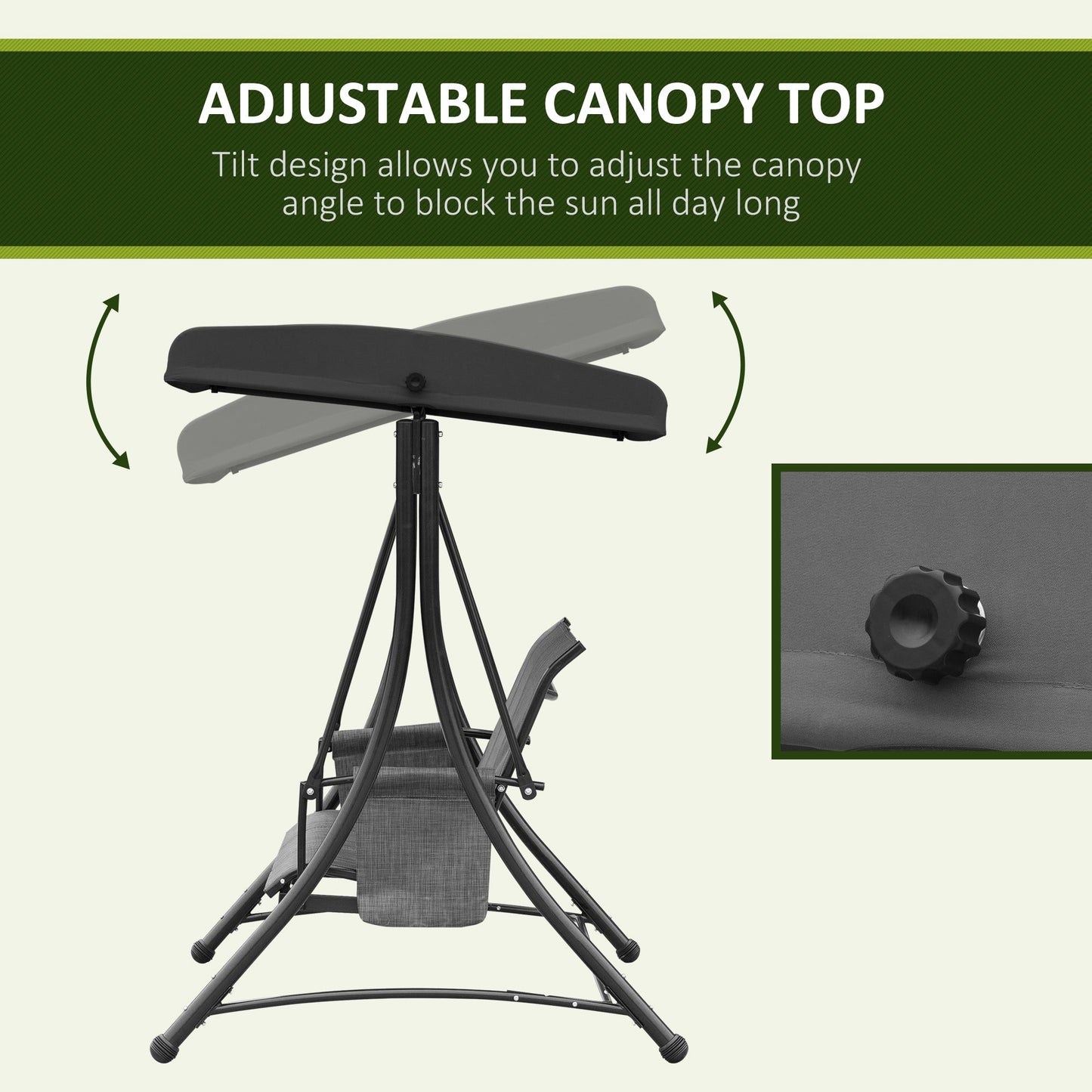 3 Person Porch Swing Outdoor Swing Chair with High Back Design, Side Pouches and Adjustable Canopy, Mixed Grey