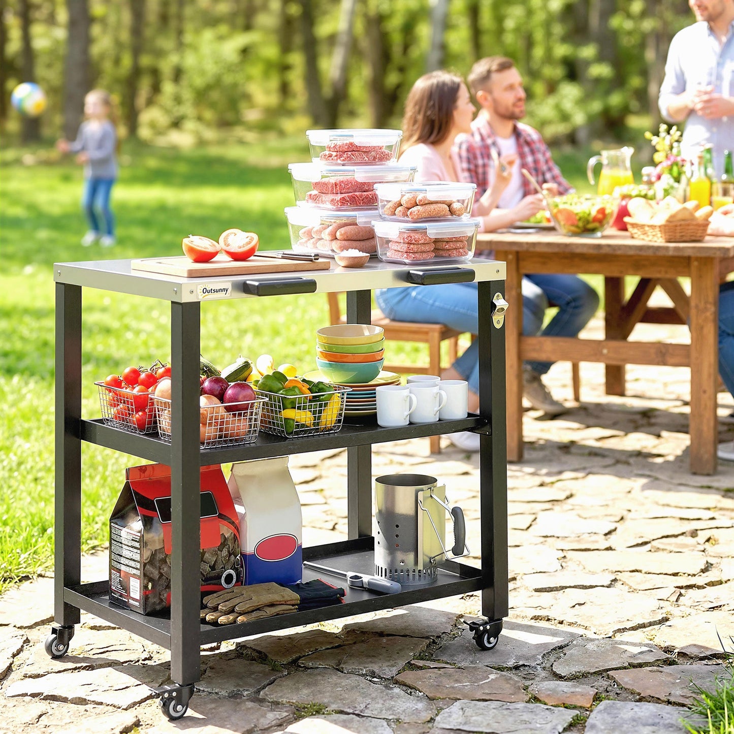 Outdoor Grill Cart with Stainless Steel Tabletop, 2 Shelves, Rolling Prep Dining Cart with Lockable Wheels, Bottle Opener, Pizza Oven Stand Table for Kitchen Prep, Black
