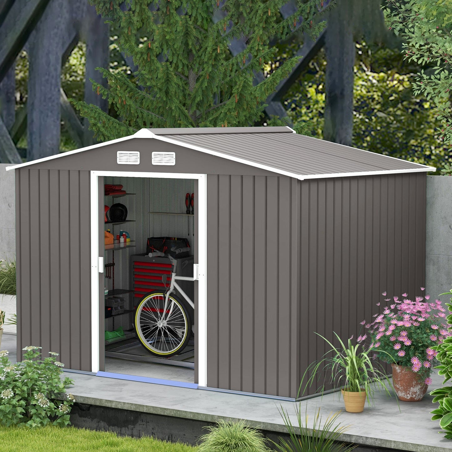 9' x 6' Garden Storage Shed with Foundation Kit, Metal Tool Storage House with Double Doors for Outdoor Patio Yard, Grey