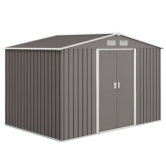 9' x 6' Garden Storage Shed with Foundation Kit, Metal Tool Storage House with Double Doors for Outdoor Patio Yard, Grey