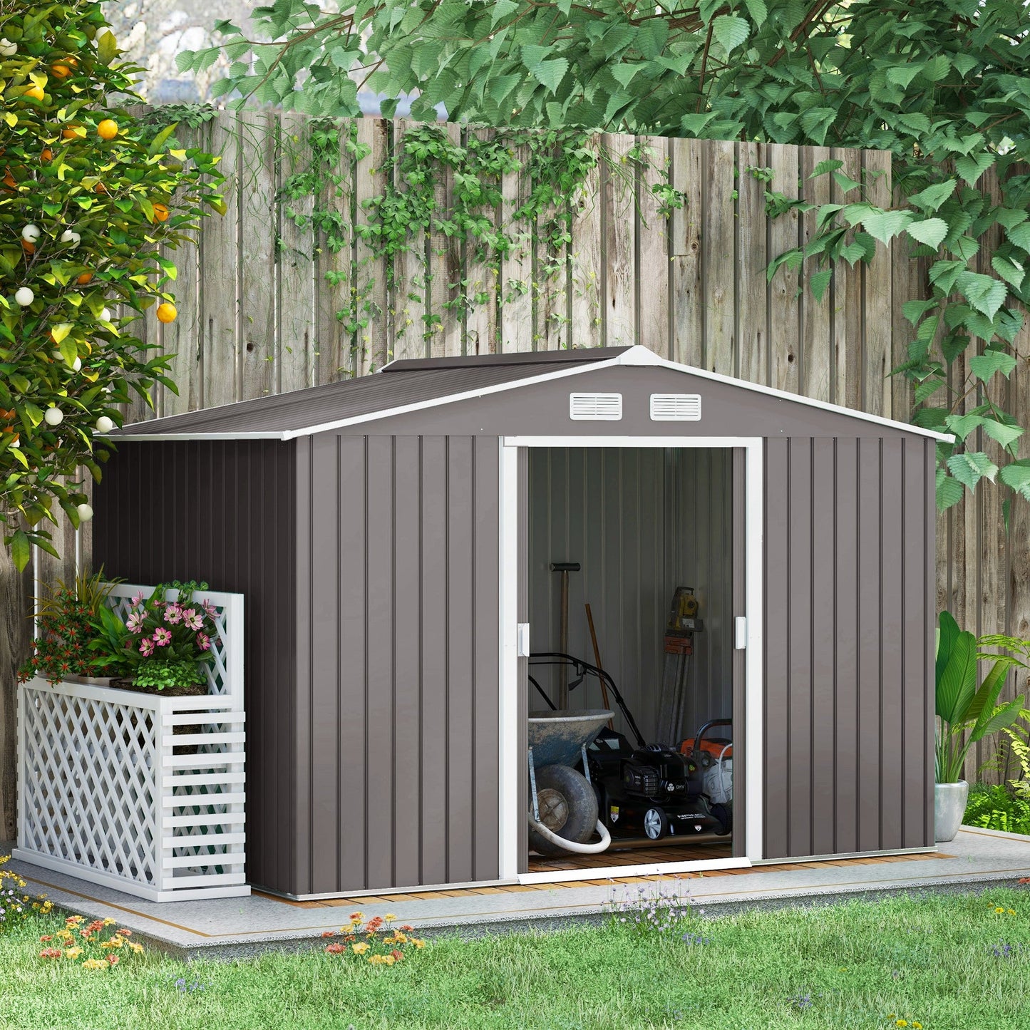 9' x 6' Garden Storage Shed with Foundation Kit, Metal Tool Storage House with Double Doors for Outdoor Patio Yard, Grey
