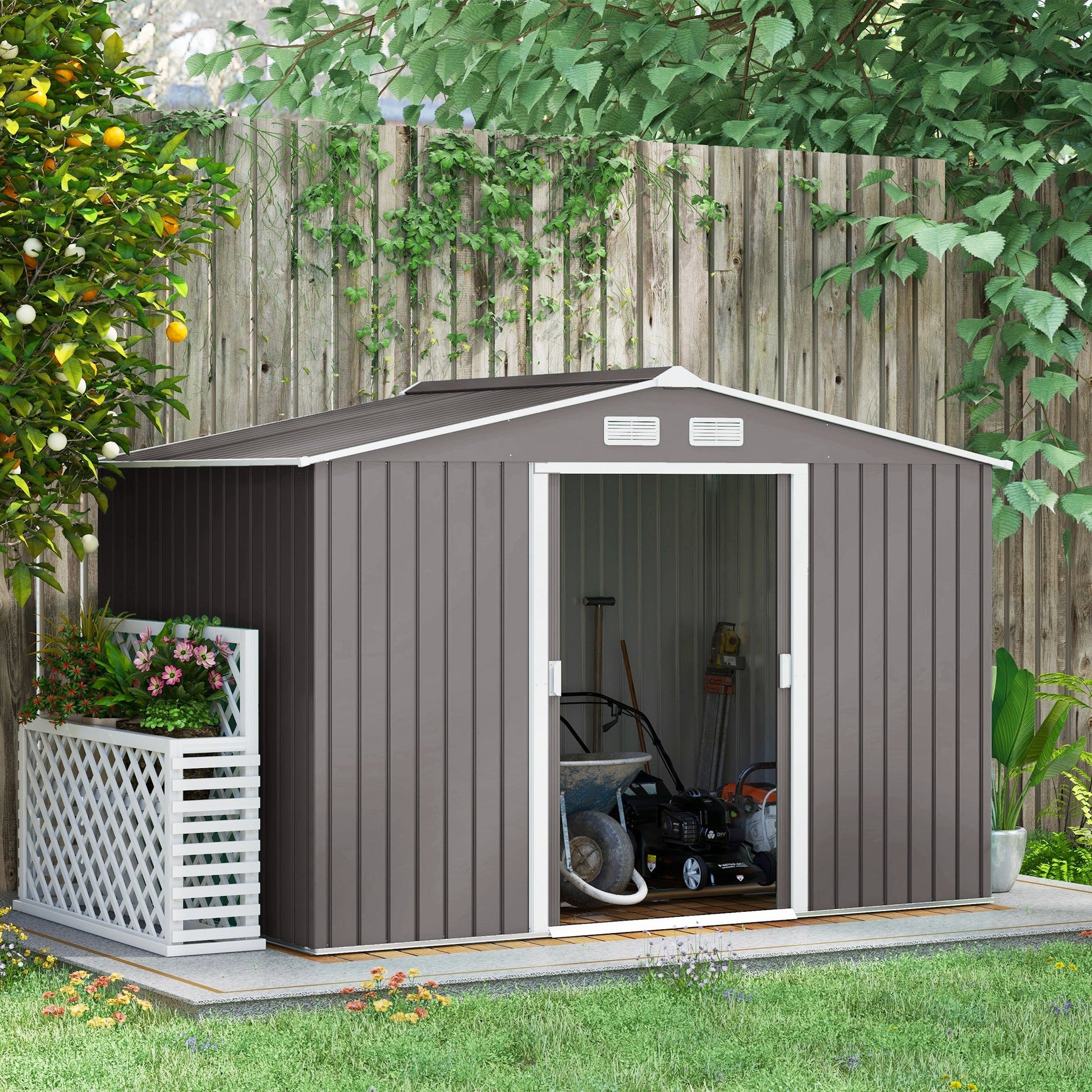 9' x 6' Garden Storage Shed with Foundation Kit, Metal Tool Storage House with Double Doors for Outdoor Patio Yard, Grey