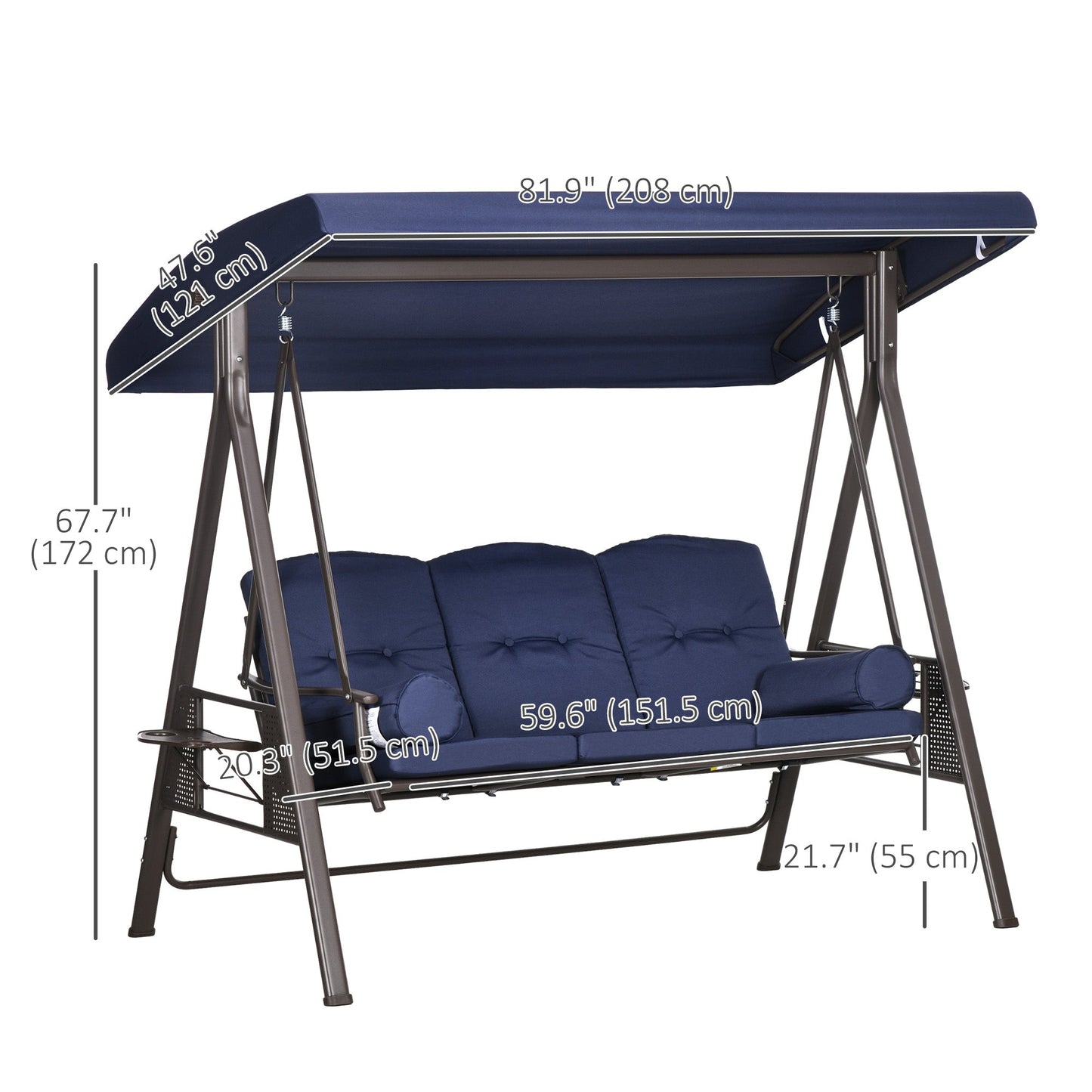 3 Seater Porch Swing Heavy Duty Outdoor Swing Chair Outdoor Lounge Hammock Cushioned Seat w/ Tilt Canopy, Dark Blue