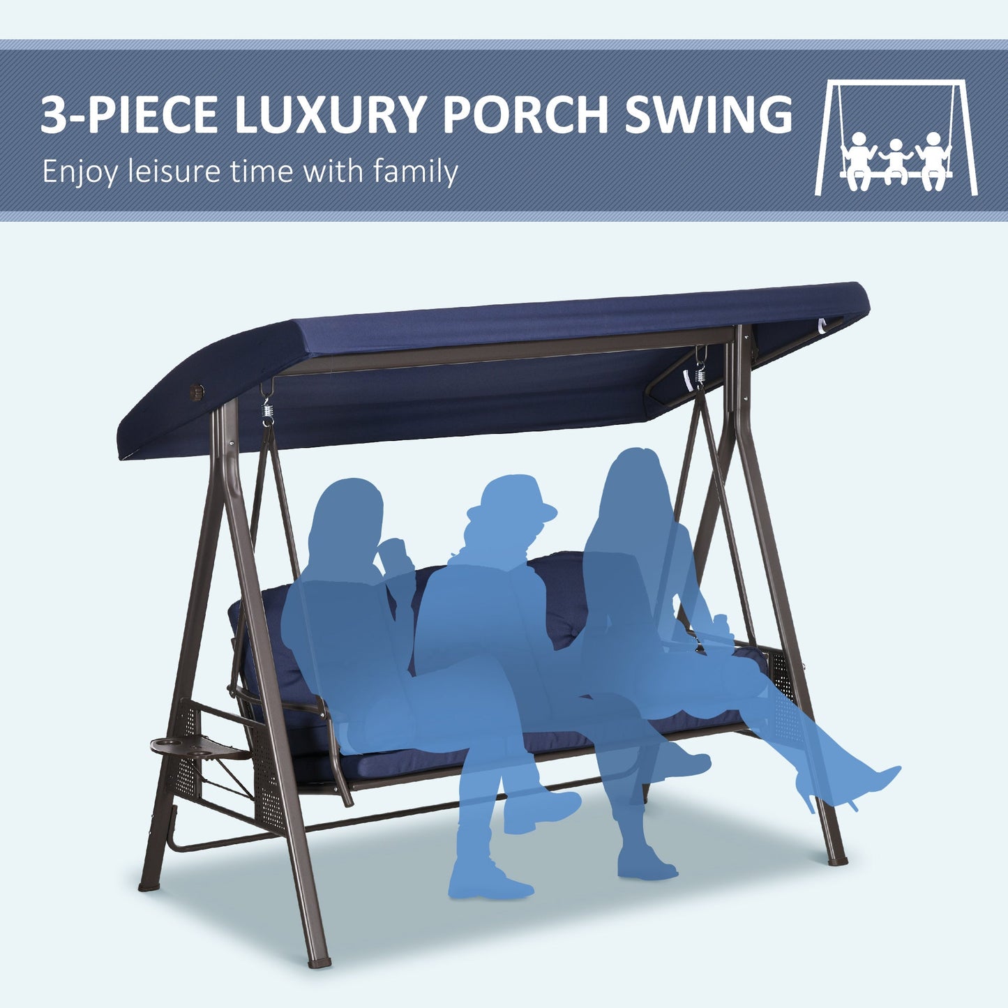 3 Seater Porch Swing Heavy Duty Outdoor Swing Chair Outdoor Lounge Hammock Cushioned Seat w/ Tilt Canopy, Dark Blue