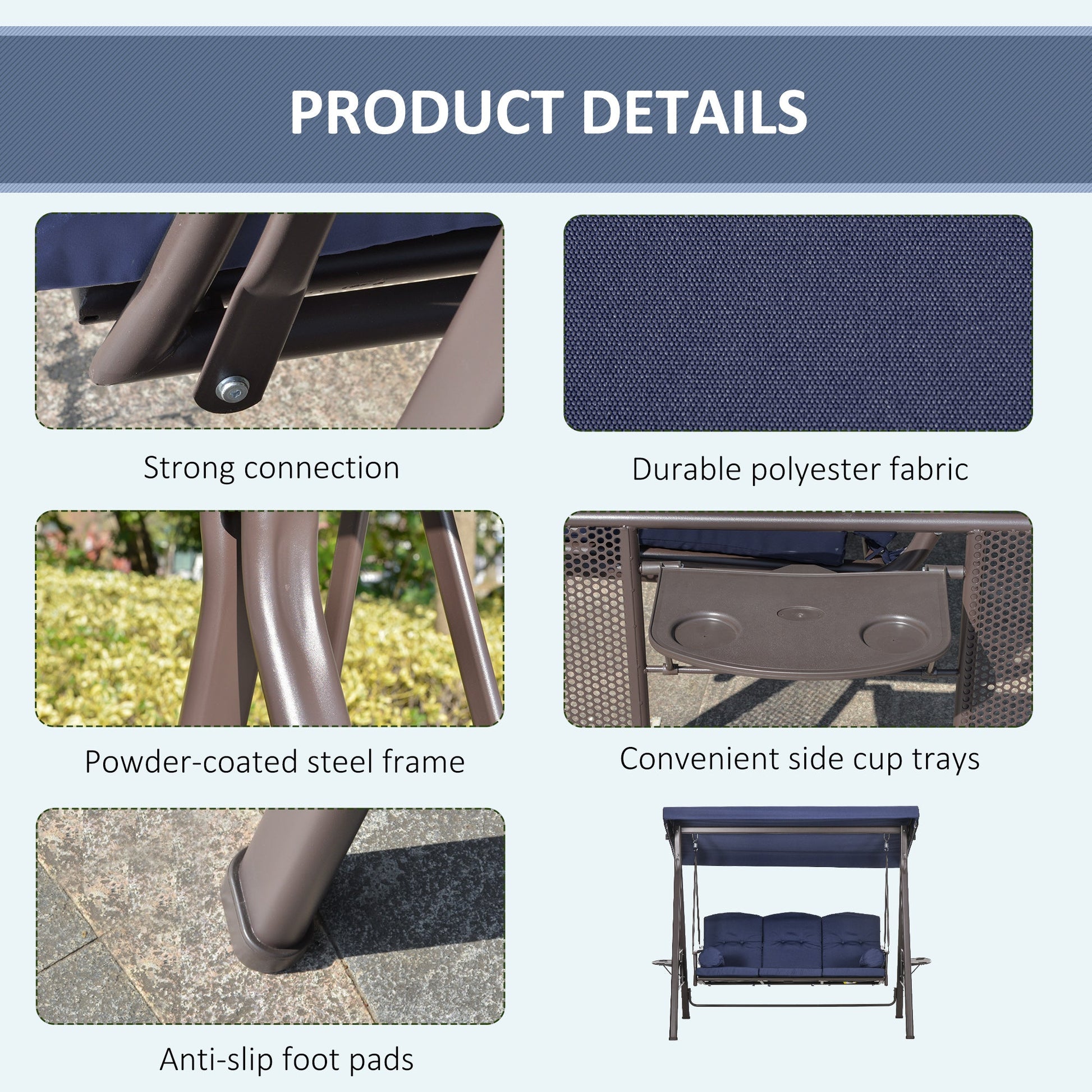 3 Seater Porch Swing Heavy Duty Outdoor Swing Chair Outdoor Lounge Hammock Cushioned Seat w/ Tilt Canopy, Dark Blue