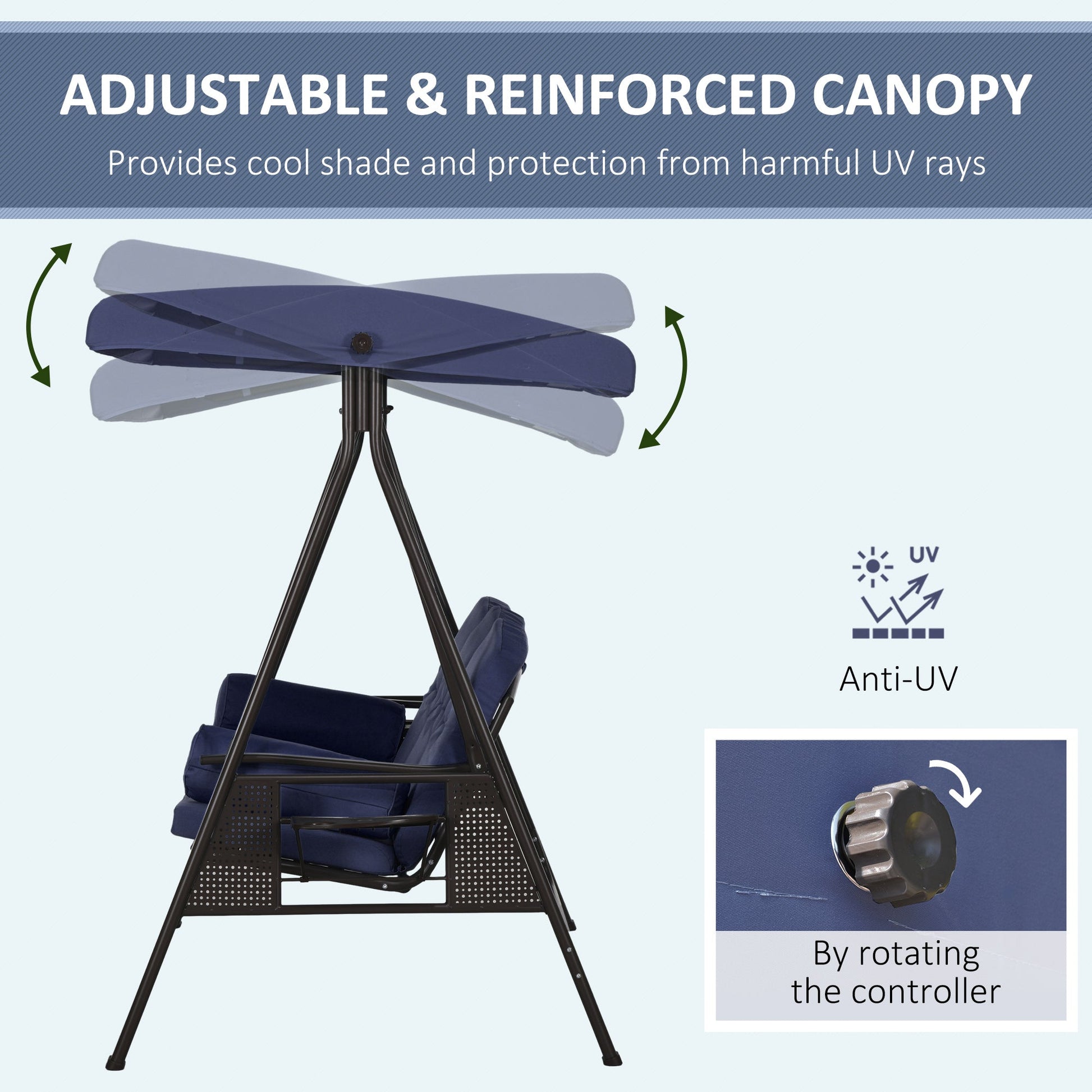 3 Seater Porch Swing Heavy Duty Outdoor Swing Chair Outdoor Lounge Hammock Cushioned Seat w/ Tilt Canopy, Dark Blue