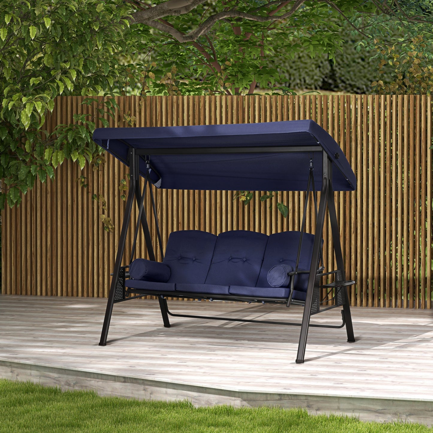 3 Seater Porch Swing Heavy Duty Outdoor Swing Chair Outdoor Lounge Hammock Cushioned Seat w/ Tilt Canopy, Dark Blue
