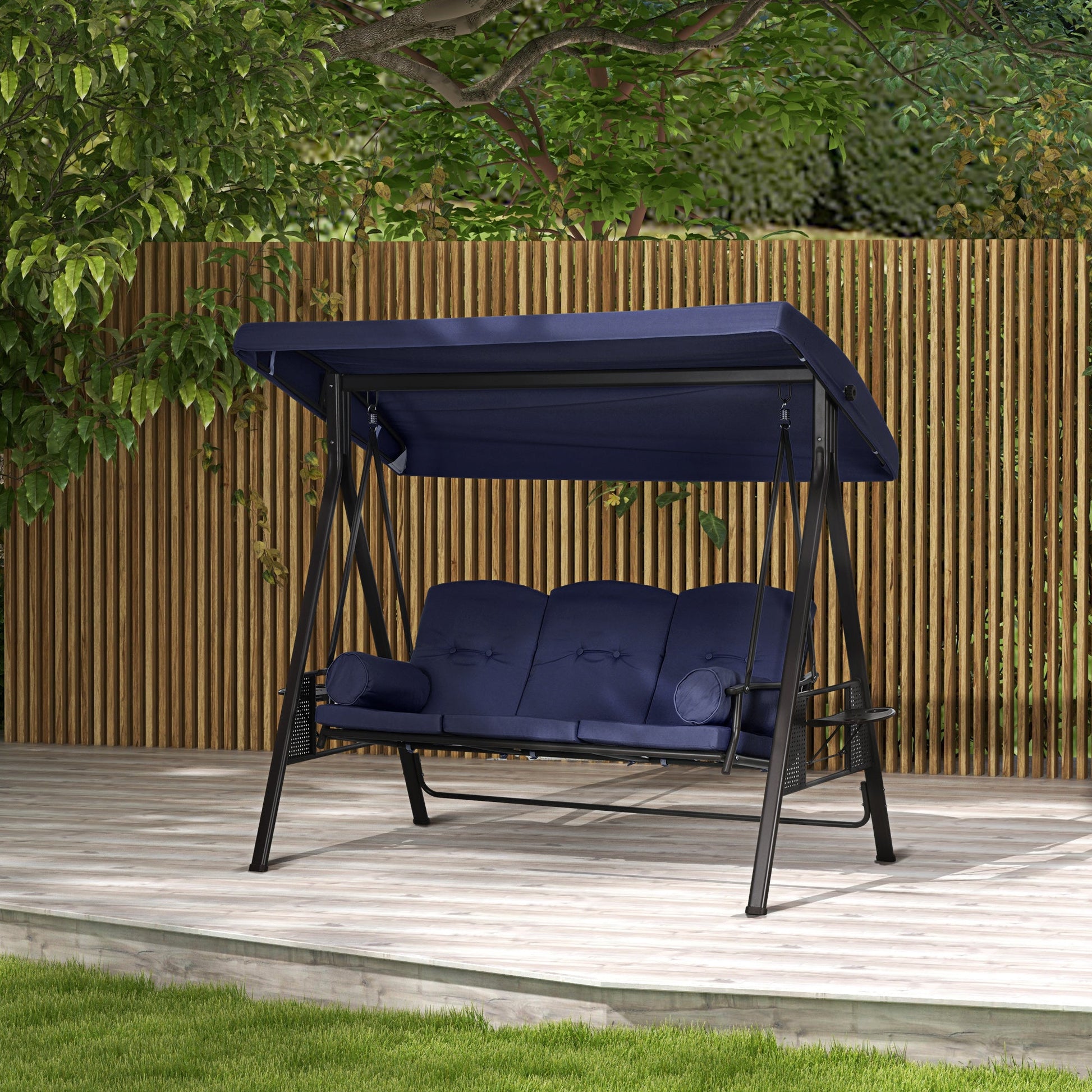 3 Seater Porch Swing Heavy Duty Outdoor Swing Chair Outdoor Lounge Hammock Cushioned Seat w/ Tilt Canopy, Dark Blue