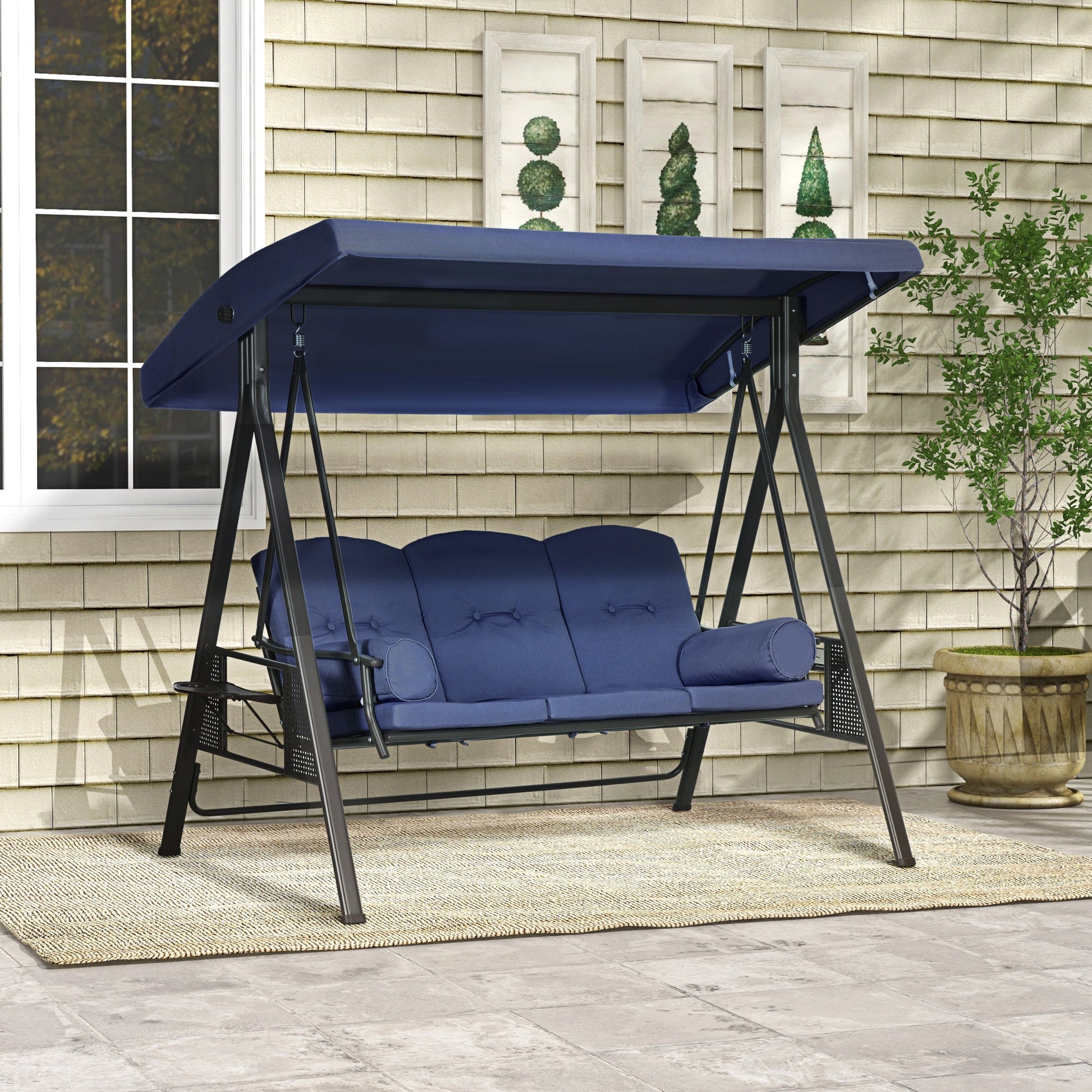 3 Seater Porch Swing Heavy Duty Outdoor Swing Chair Outdoor Lounge Hammock Cushioned Seat w/ Tilt Canopy, Dark Blue