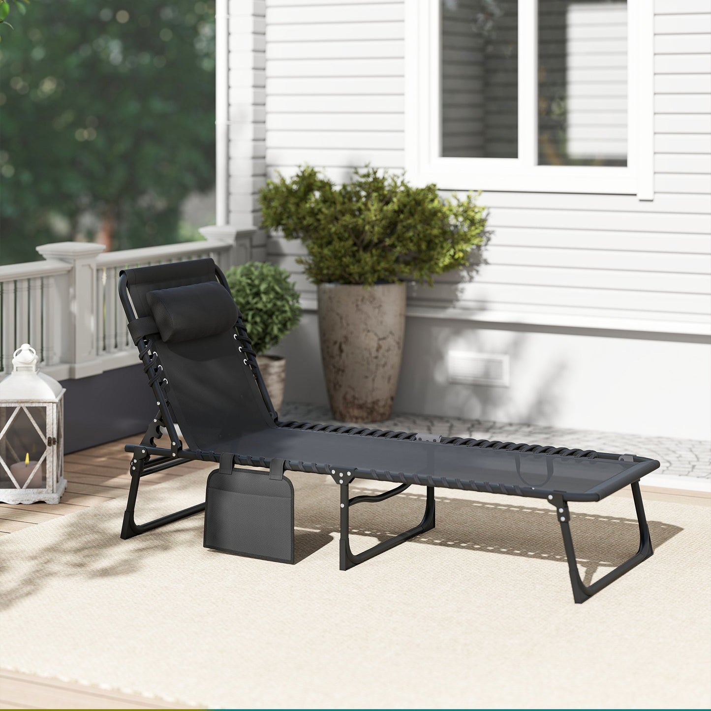 Folding Lounge Chair, Reclining Tanning Chair, Portable Sun Lounger with Adjustable Backrest and Removable Pillow for Patio, Garden, Beach, Black