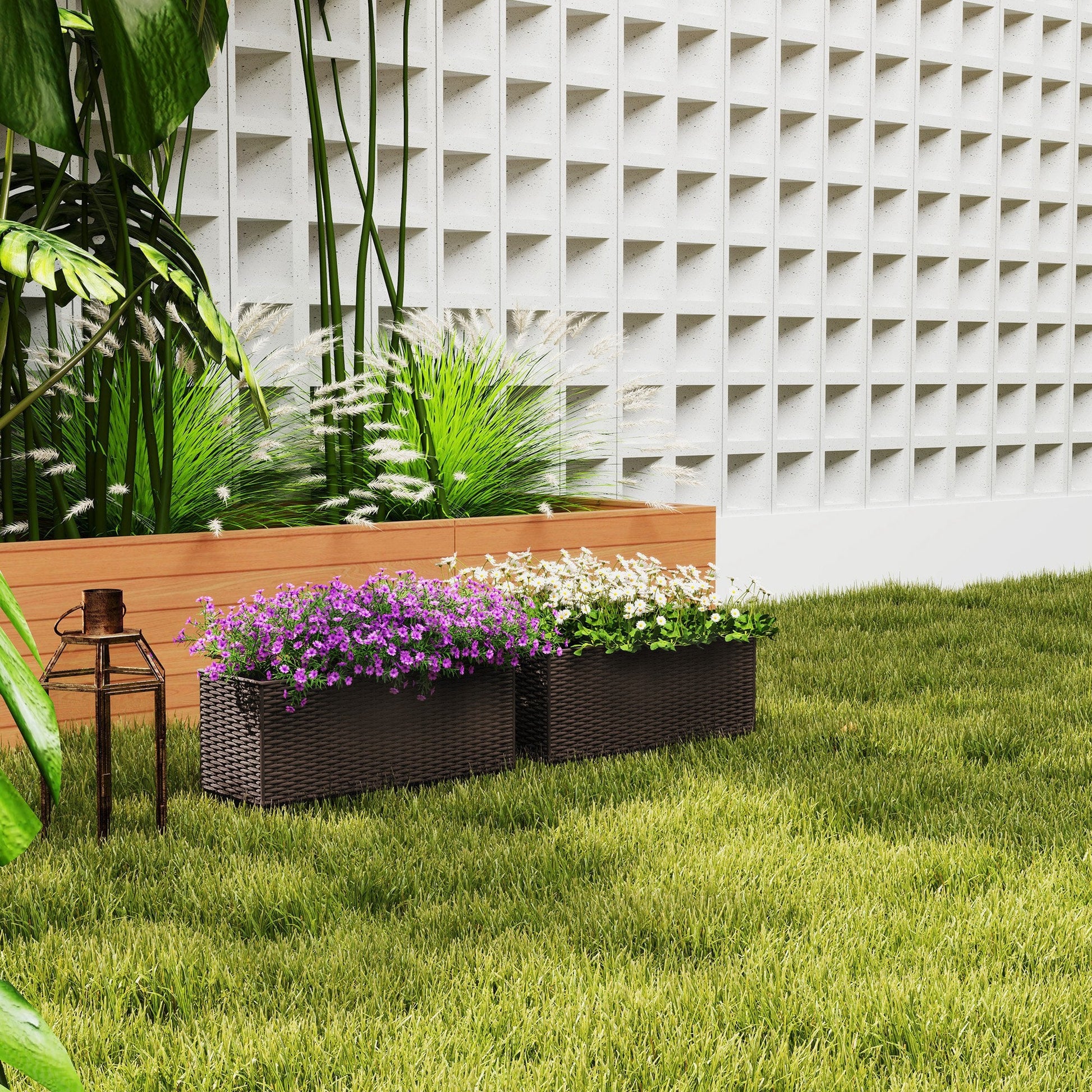 2 Pack Railing Planter Box, 20 Inch Hanging Flower Pots with Hooks and Drainage Hole, Rectangular Planters for Fence, Balcony, Garden, Patio, Rattan Look, Brown