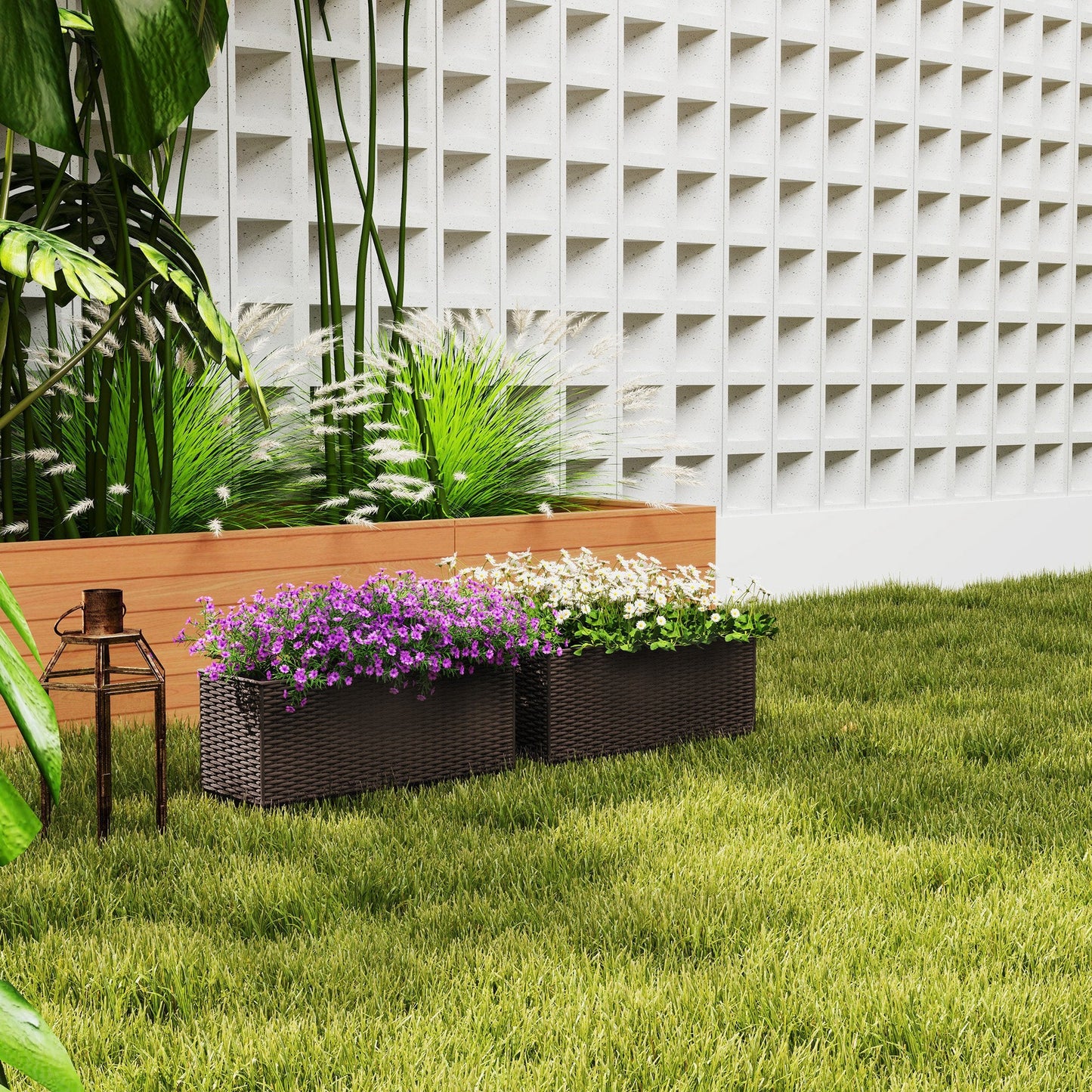 2 Pack Railing Planter Box, 20 Inch Hanging Flower Pots with Hooks and Drainage Hole, Rectangular Planters for Fence, Balcony, Garden, Patio, Rattan Look, Brown