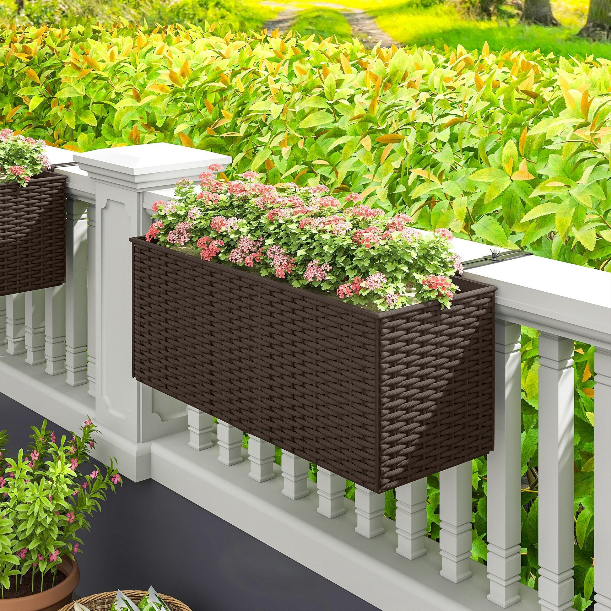 2 Pack Railing Planter Box, 20 Inch Hanging Flower Pots with Hooks and Drainage Hole, Rectangular Planters for Fence, Balcony, Garden, Patio, Rattan Look, Brown
