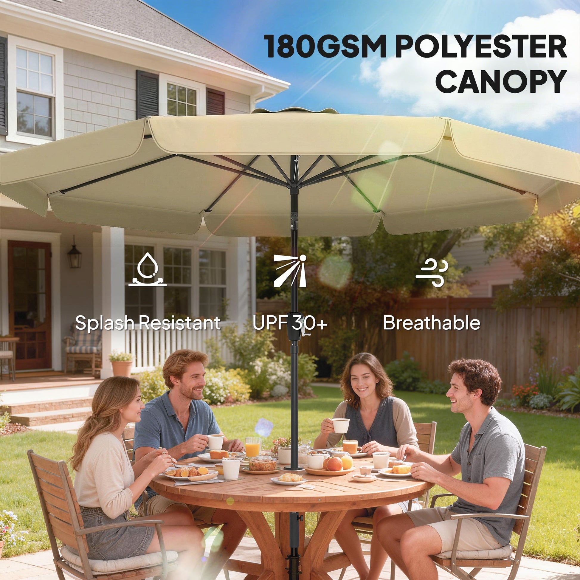 10 ft Patio Umbrella with Push Button Tilt and Crank, Outdoor Market Table Umbrella Parasol with Vent, 8 Ribs for Garden, Deck, Pool, Khaki