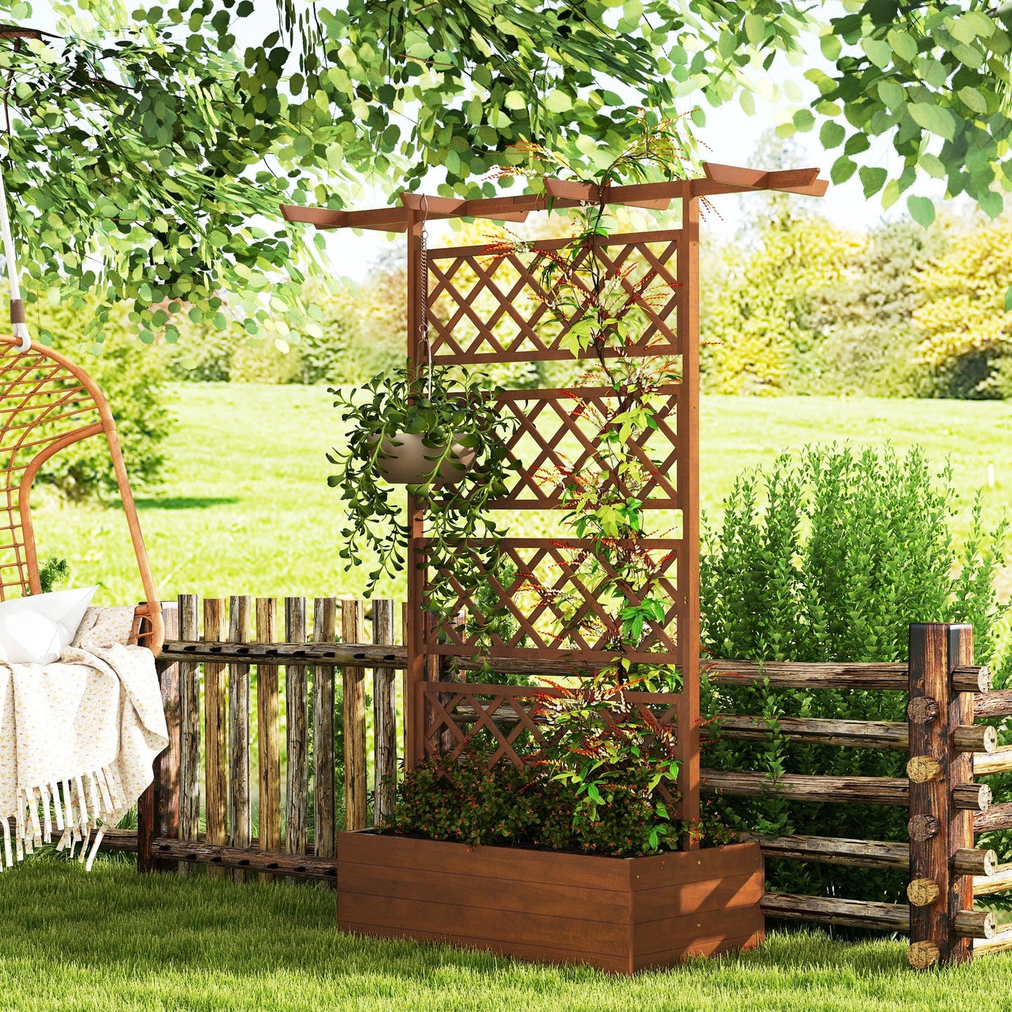Raised Garden Bed, Wood Planter with Trellis for Vine Climbing, Privacy Screen Planter Box with Roof to Grow Flowers Vegetables Herbs for Backyard Patio Deck, Orange