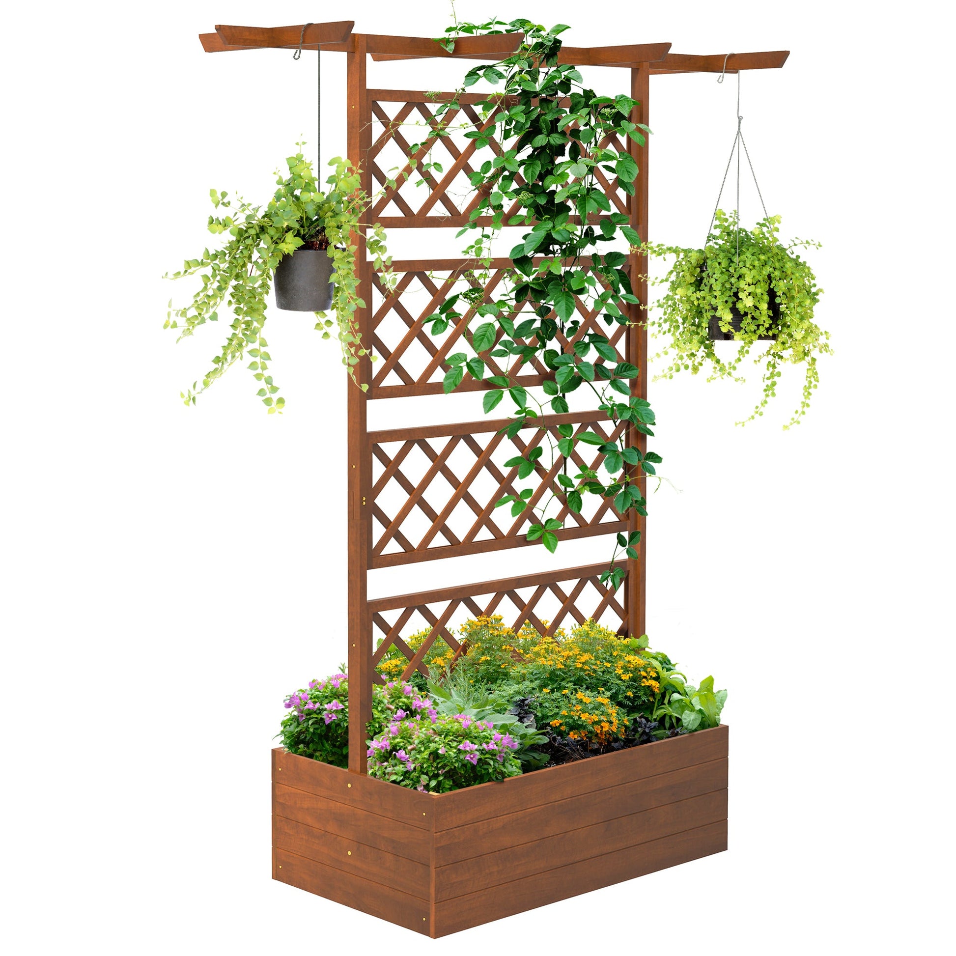 Raised Garden Bed, Wood Planter with Trellis for Vine Climbing, Privacy Screen Planter Box with Roof to Grow Flowers Vegetables Herbs for Backyard Patio Deck, Orange