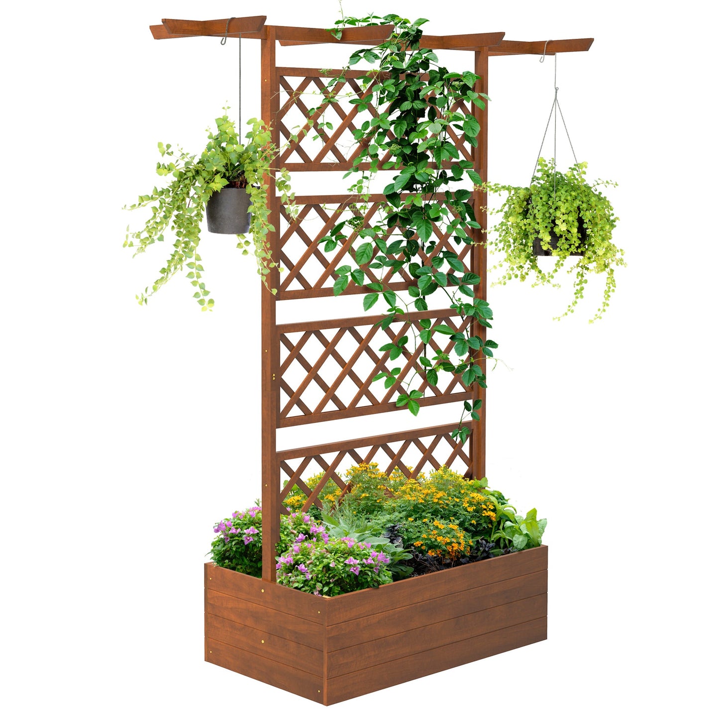 Raised Garden Bed, Wood Planter with Trellis for Vine Climbing, Privacy Screen Planter Box with Roof to Grow Flowers Vegetables Herbs for Backyard Patio Deck, Orange