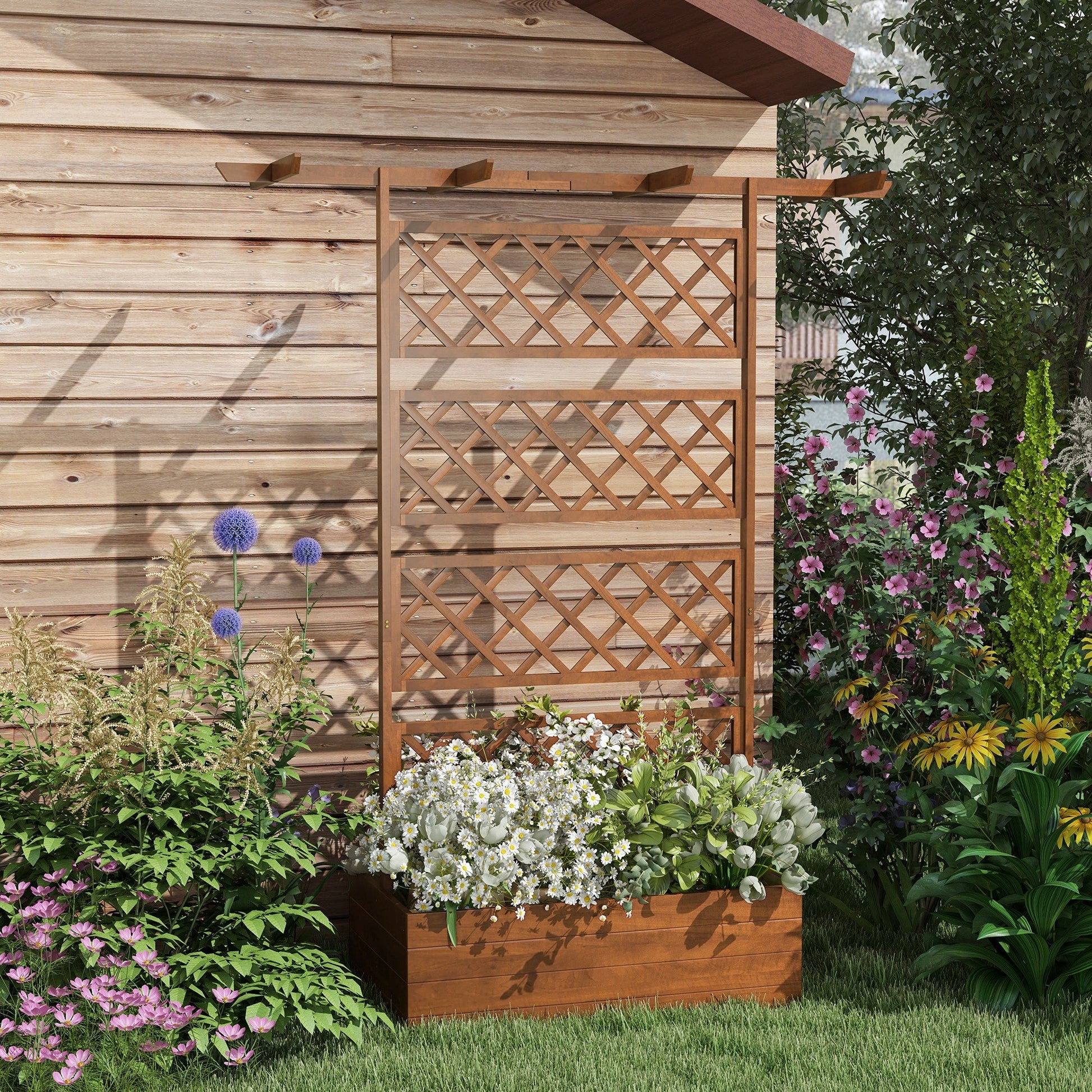 Raised Garden Bed, Wood Planter with Trellis for Vine Climbing, Privacy Screen Planter Box with Roof to Grow Flowers Vegetables Herbs for Backyard Patio Deck, Orange