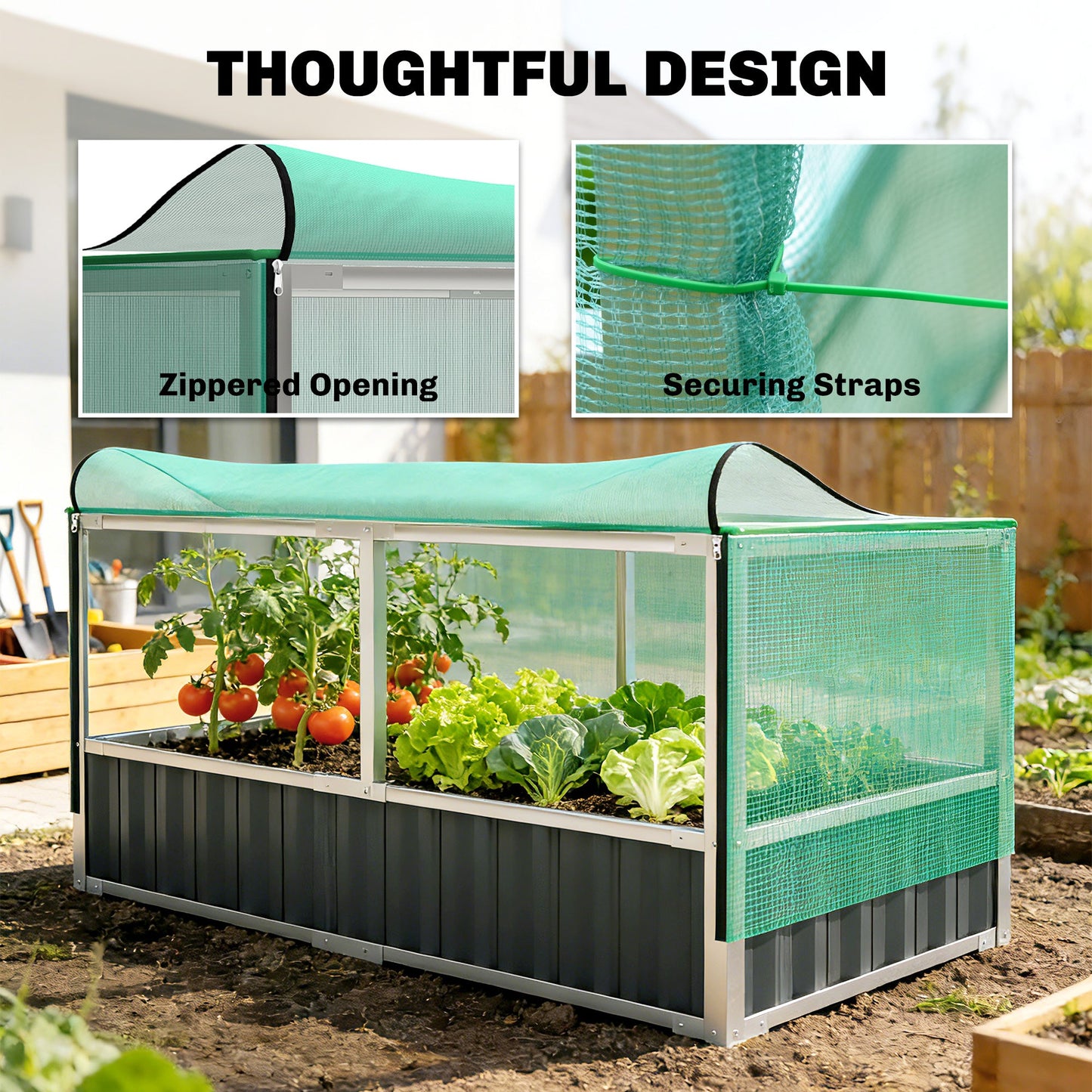 Raised Garden Bed, 5.7 x 3 x 2.3ft Steel Planter Box Outdoor with Cover, Gloves for Growing Vegetables, Flowers, Herbs, Dark Grey