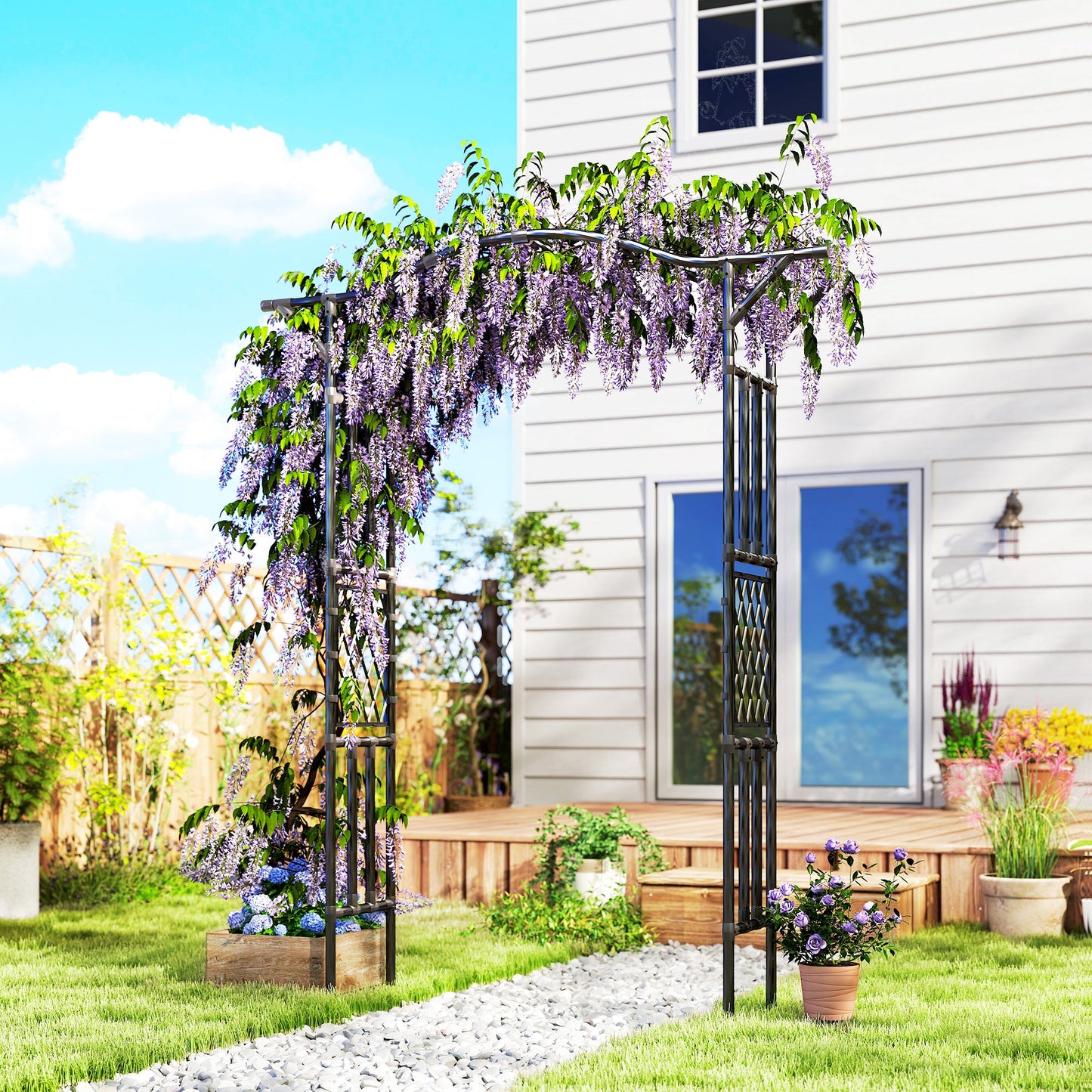 7.5ft Garden Arch, PE-Coated Steel Outdoor Trellis Arbor with Extended Upturned Top for Climbing Plants, Wedding Arch for Party Outdoor Garden Backyard, Black