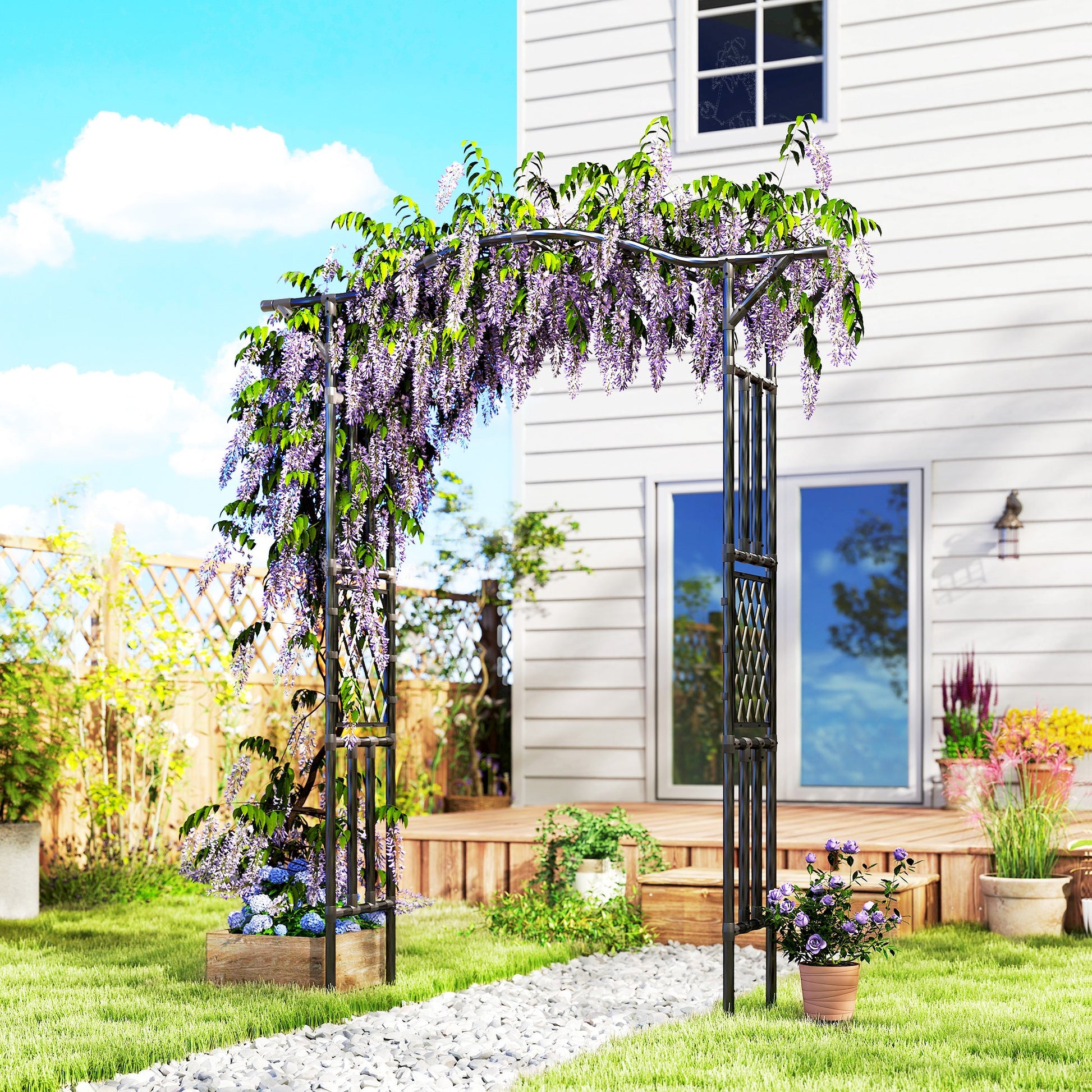 7.5ft Garden Arch, PE-Coated Steel Outdoor Trellis Arbor with Extended Upturned Top for Climbing Plants, Wedding Arch for Party Outdoor Garden Backyard, Black