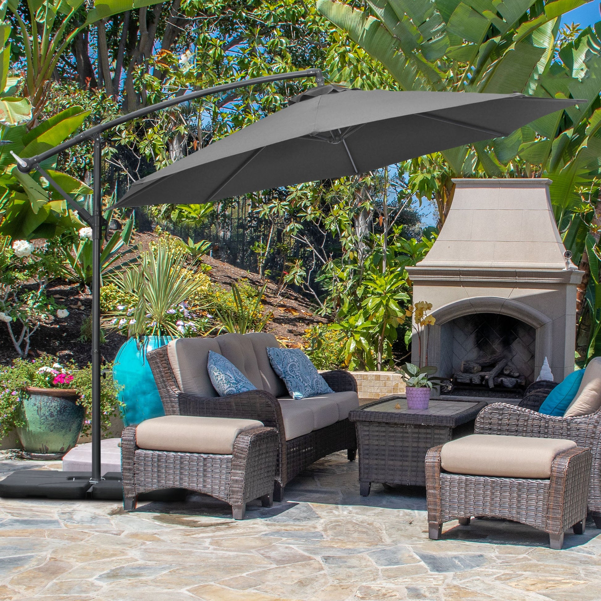 9.6ft Offset Patio Umbrella with Base, Garden Hanging Parasol with Crank, Banana Cantilever Umbrella Sun Shade, Black