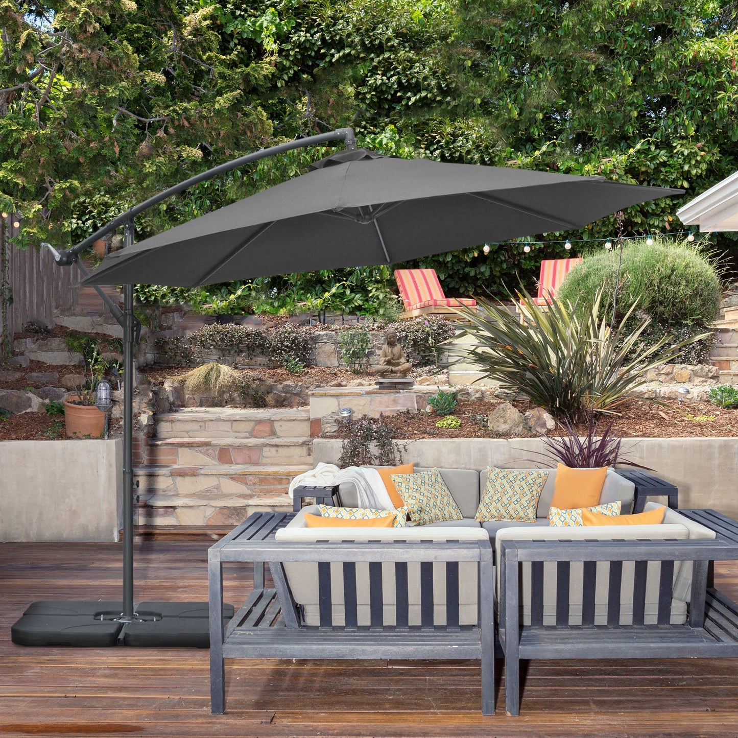 9.6ft Offset Patio Umbrella with Base, Garden Hanging Parasol with Crank, Banana Cantilever Umbrella Sun Shade, Black
