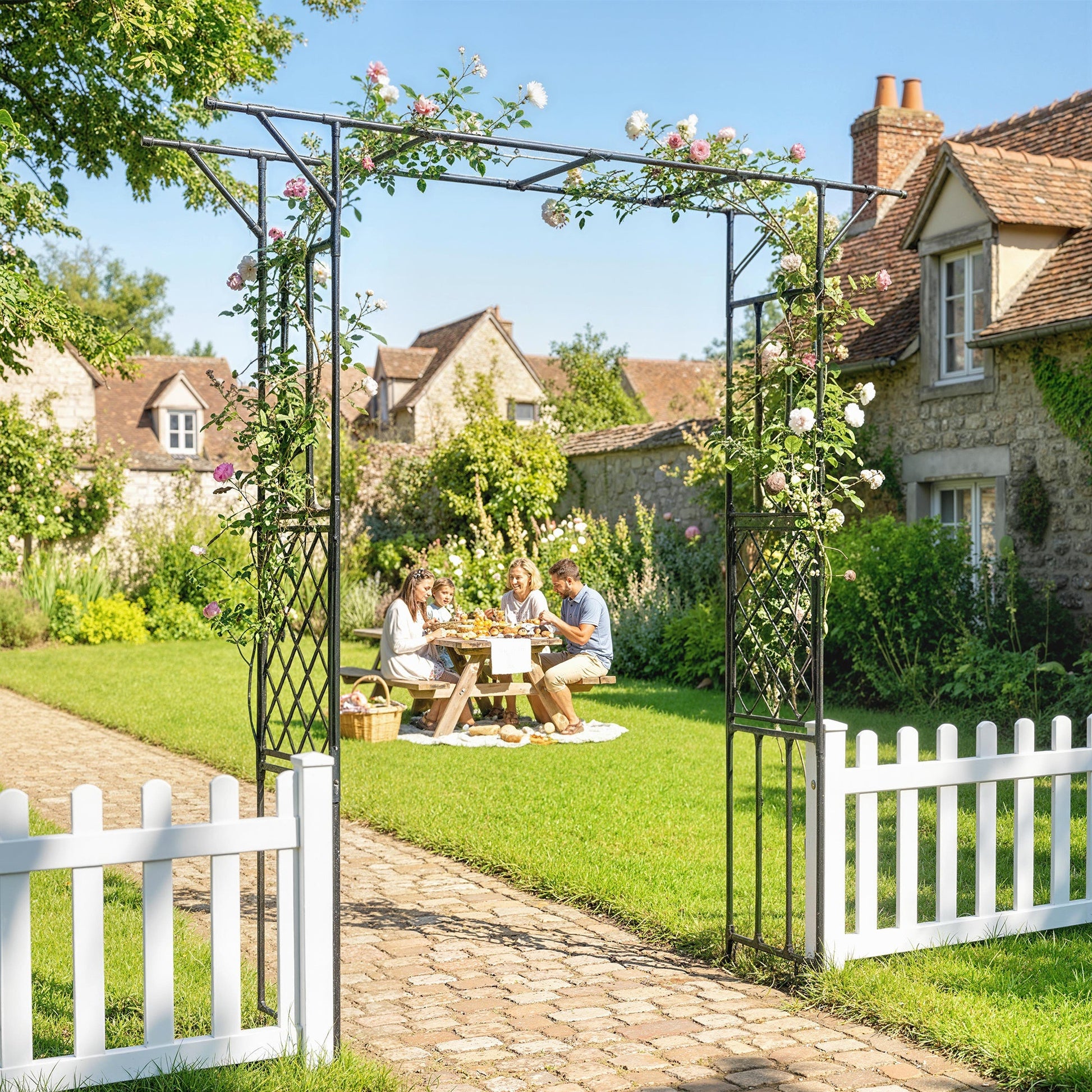 7.1ft Garden Arch, PE-Coated Steel Outdoor Trellis Arbor for Climbing Plants, Wedding Arch for Party Outdoor Garden Backyard, Black