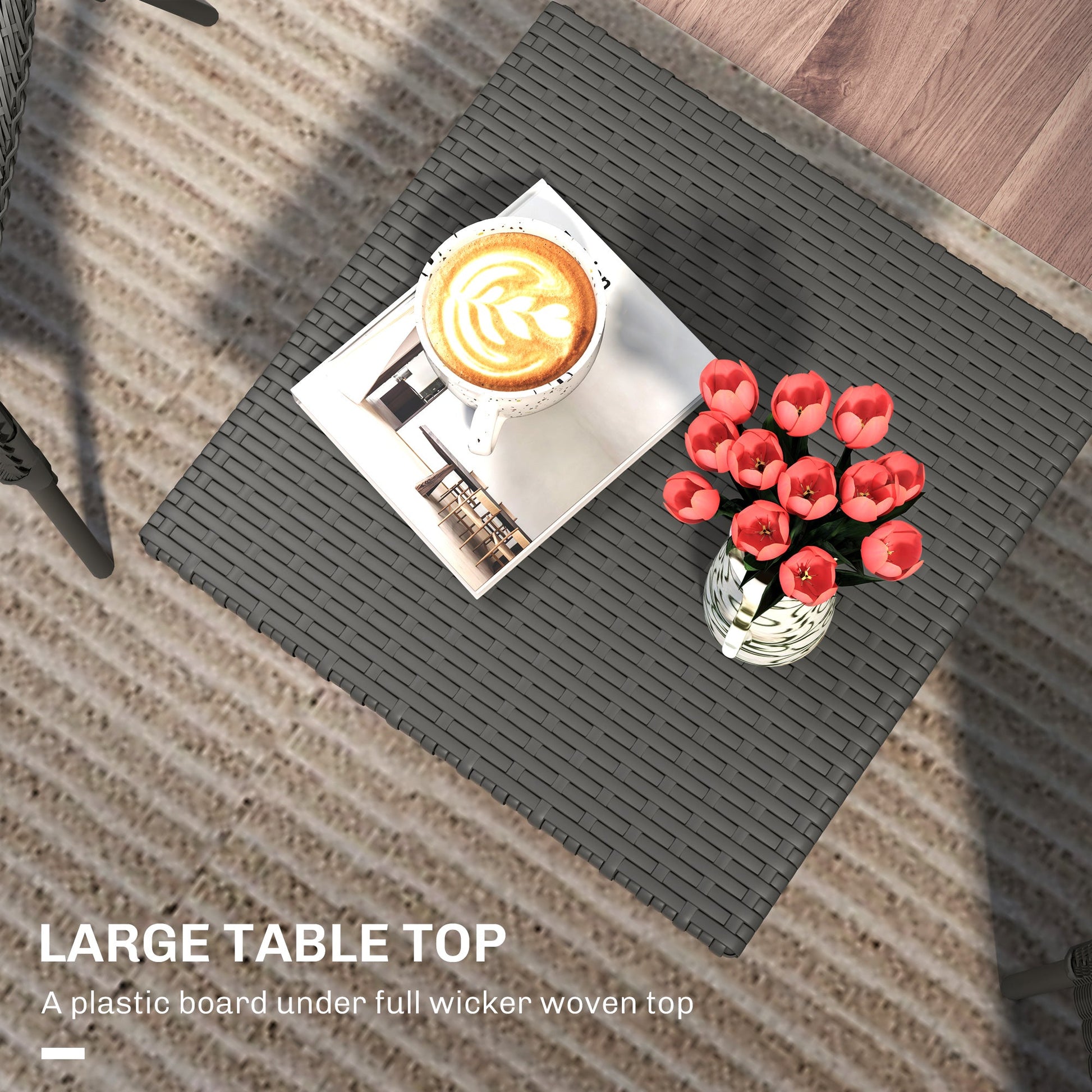 20" Patio Wicker Coffee Table, Outdoor Coffee Table with Plastic Board Underneath the Woven Tabletop for Patio, Garden, Balcony, Grey