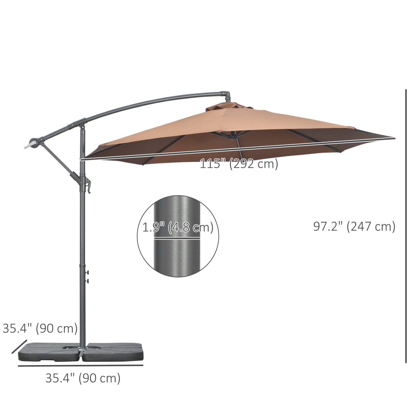 9.6ft Offset Patio Umbrella with Base, Garden Hanging Parasol with Crank, Banana Cantilever Umbrella Sun Shade, Coffee