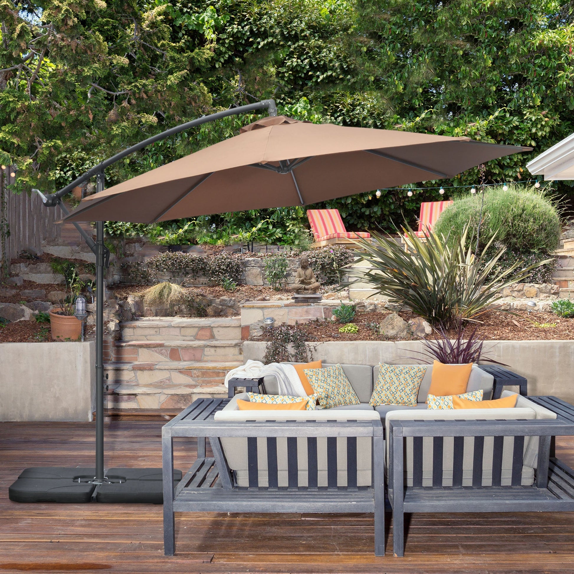 9.6ft Offset Patio Umbrella with Base, Garden Hanging Parasol with Crank, Banana Cantilever Umbrella Sun Shade, Coffee