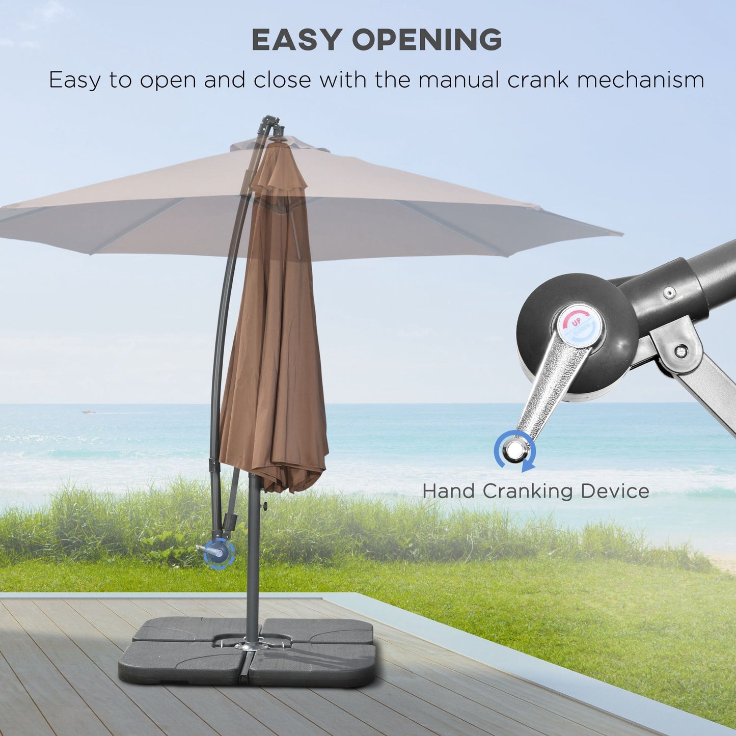 9.6ft Offset Patio Umbrella with Base, Garden Hanging Parasol with Crank, Banana Cantilever Umbrella Sun Shade, Coffee
