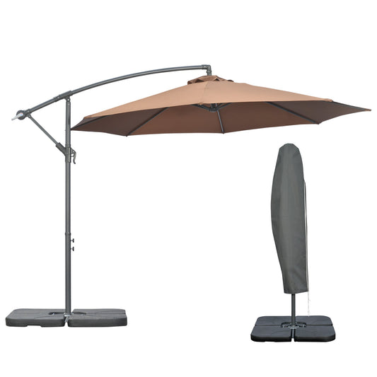 9.6ft Offset Patio Umbrella with Base, Garden Hanging Parasol with Crank, Banana Cantilever Umbrella Sun Shade, Coffee
