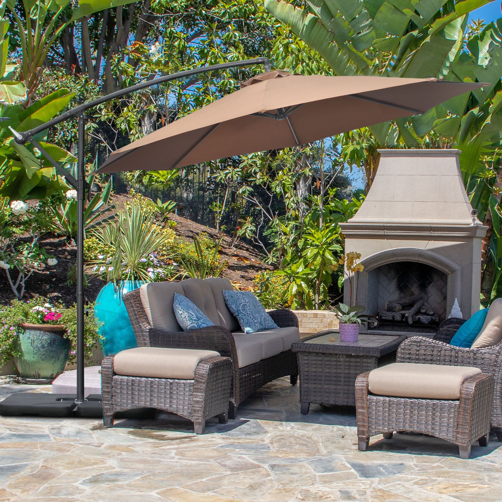 9.6ft Offset Patio Umbrella with Base, Garden Hanging Parasol with Crank, Banana Cantilever Umbrella Sun Shade, Coffee