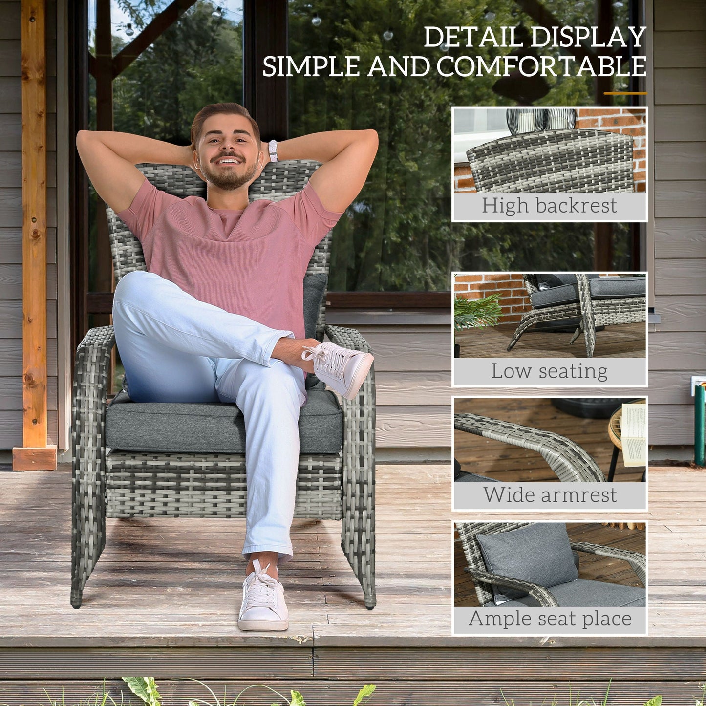 Patio Wicker Adirondack Chair, Outdoor PE Rattan Fire Pit Chair, Muskoka Chair w/ Soft Cushions, Tall Curved Backrest and Comfortable Armrests for Deck Garden, Grey
