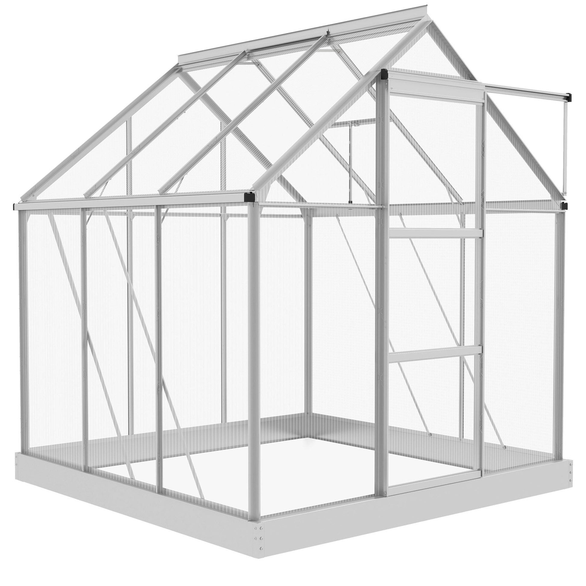 6' x 6' Polycarbonate Greenhouse, Walk-In Greenhouse with Sliding Door, Adjustable Vent, Aluminium Frame and Foundation Kit, Garden Grow House with Rain Gutter, Silver