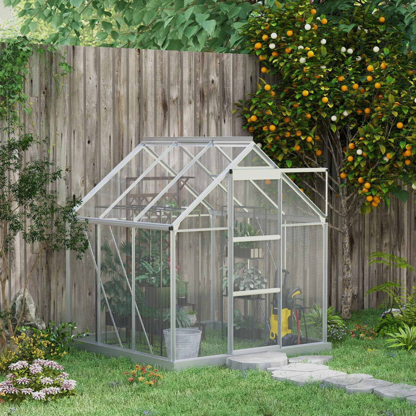 6' x 6' Polycarbonate Greenhouse, Walk-In Greenhouse with Sliding Door, Adjustable Vent, Aluminium Frame and Foundation Kit, Garden Grow House with Rain Gutter, Silver
